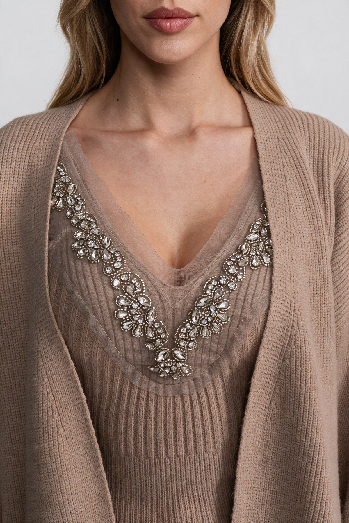 Knit Two Piece Set With Crystal Embellishments And Trim Cuffs - Beige