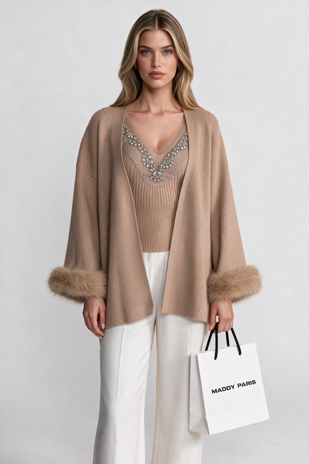 Knit Two Piece Set With Crystal Embellishments And Trim Cuffs - Beige