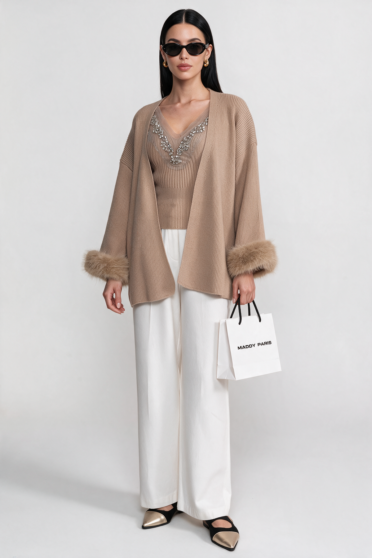 Knit Two Piece Set With Crystal Embellishments And Trim Cuffs - Beige