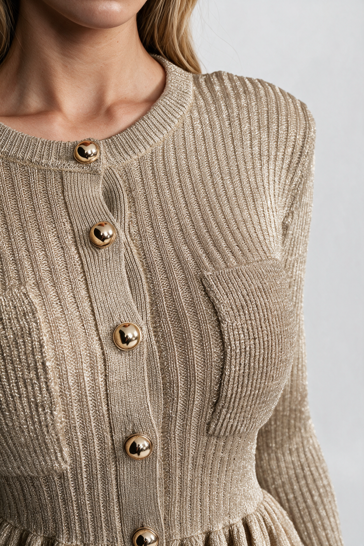 Ribbed Knit Mini Dress with Gold Button Front – Champagne