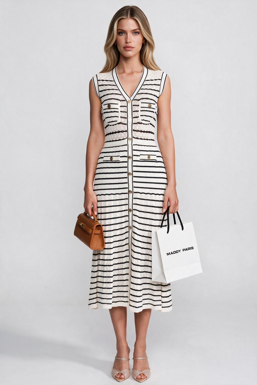 Striped Sleeveless Knit Midi Dress With V-Neck And Gold Buttons - White/Black