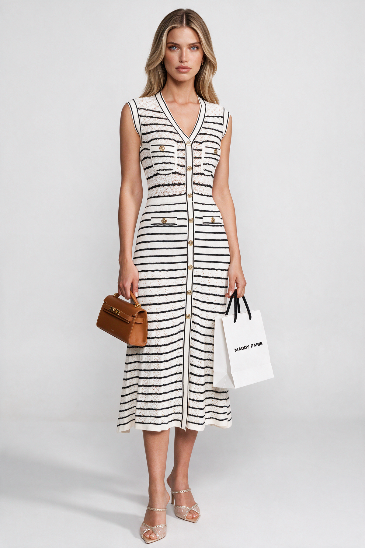 Striped Sleeveless Knit Midi Dress With V-Neck And Gold Buttons - White/Black