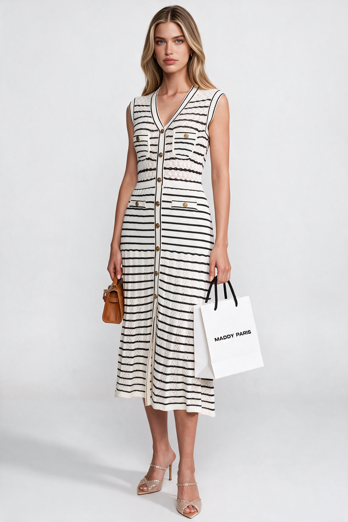 Striped Sleeveless Knit Midi Dress With V-Neck And Gold Buttons - White/Black