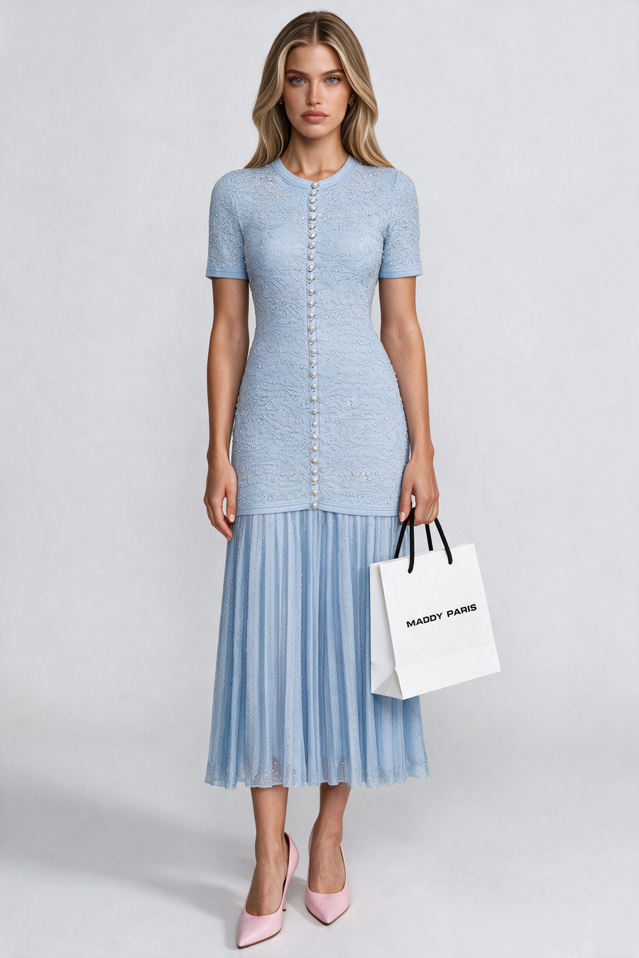 Celestine Powder Blue Short Sleeve Midi Dress With Pearl Embellishments