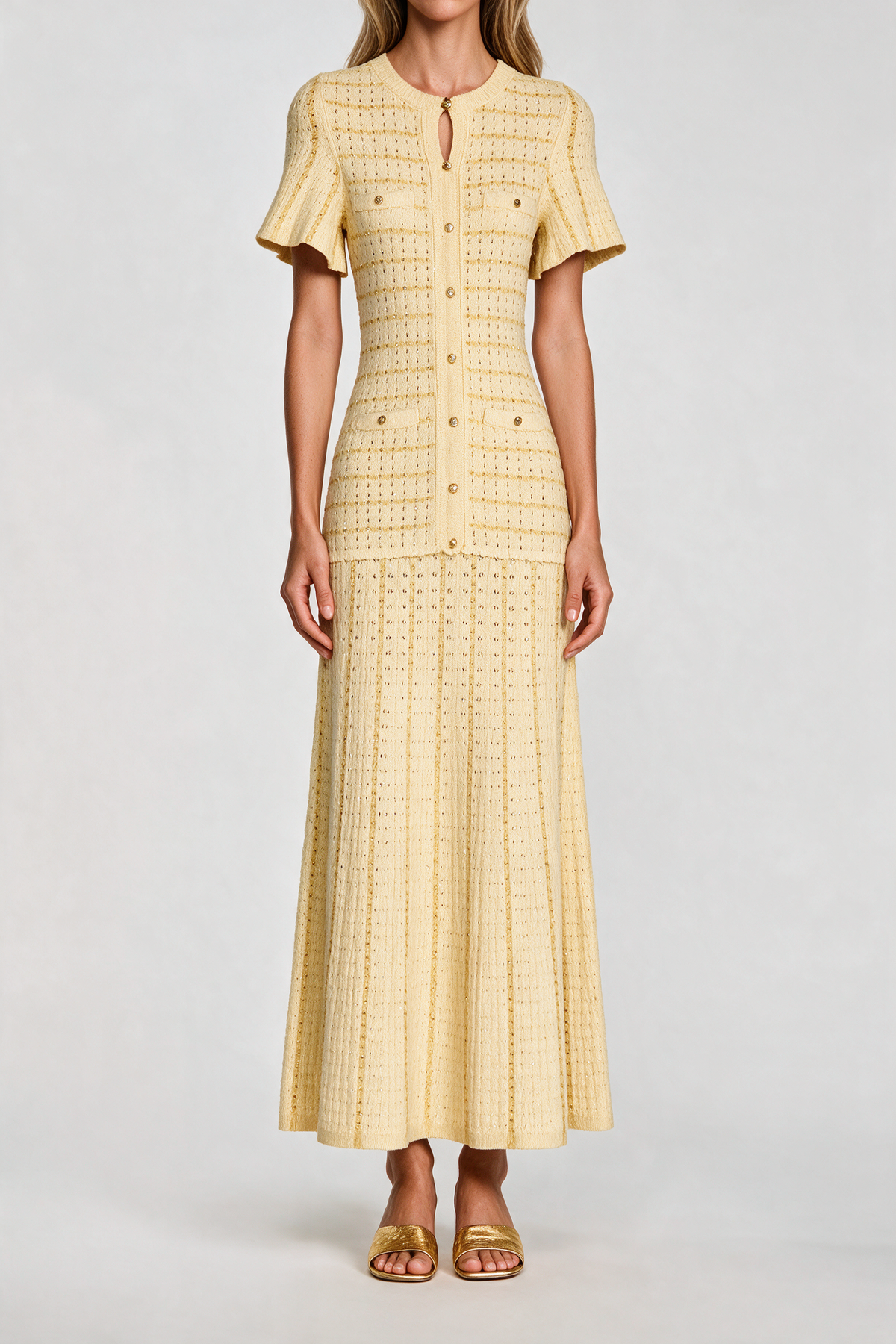 Sandro Victoire Rhinestone Knit Maxi Dress in - Gold