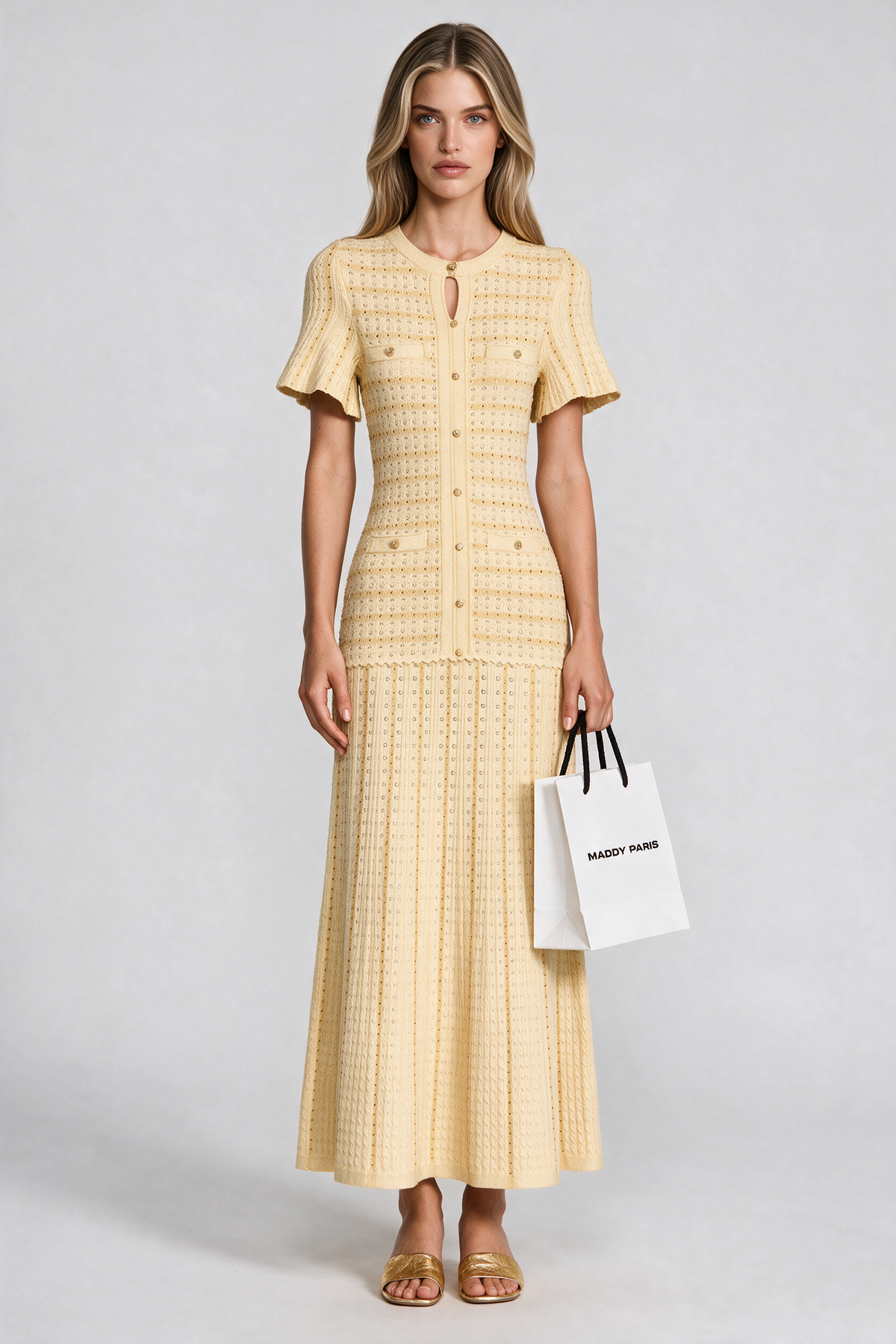Sandro Victoire Rhinestone Knit Maxi Dress in - Gold