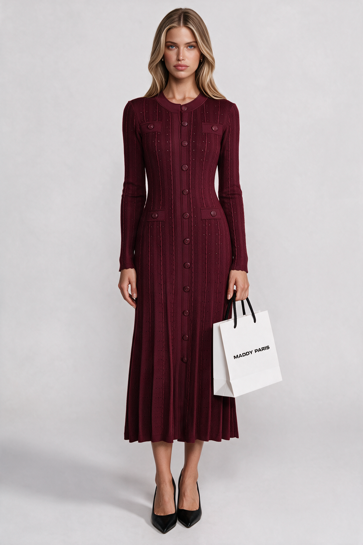 SANDRO GISELLE CREPE LONG SLEEVE MIDI DRESS - CHERRY RED