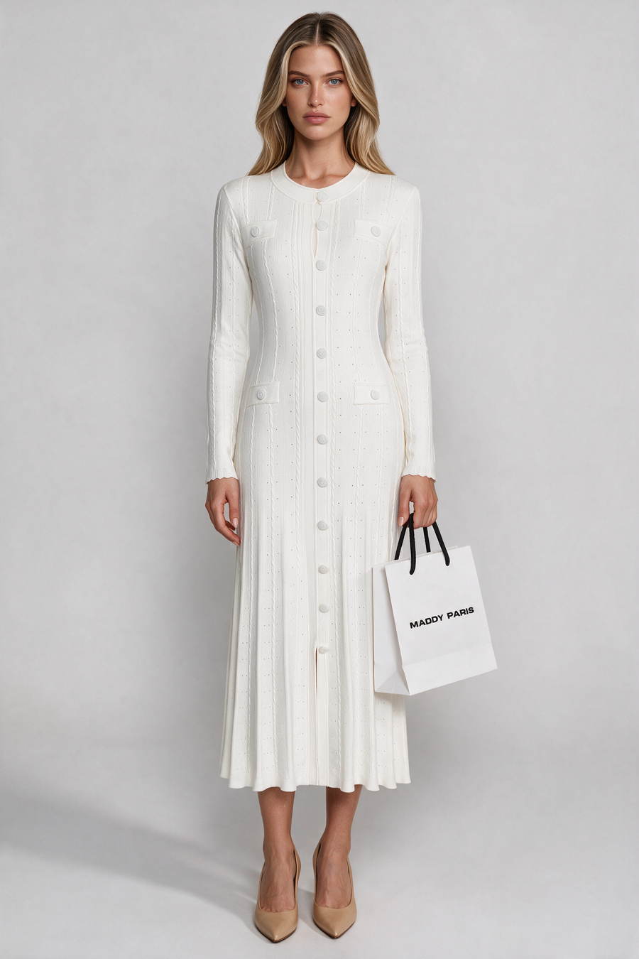 SANDRO GISELLE CREPE LONG SLEEVE MIDI DRESS - WHITE