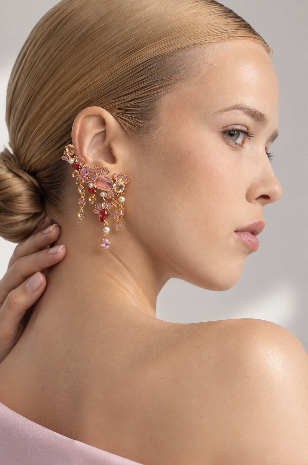 Rose Gold Pink Crystal Floral Cluster Drop Earrings