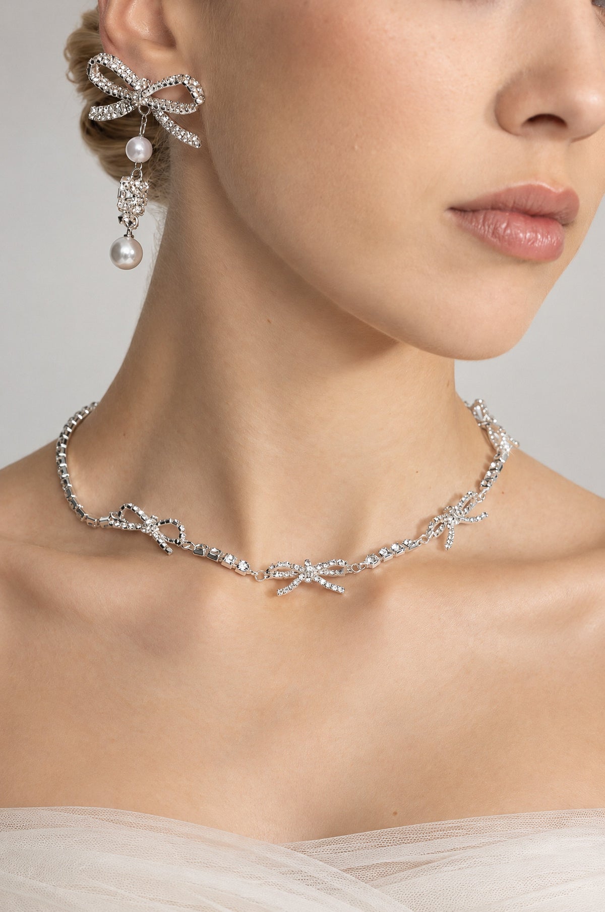Arlette Silver Crystal Bow Necklace and Pearl Drop Earrings Set