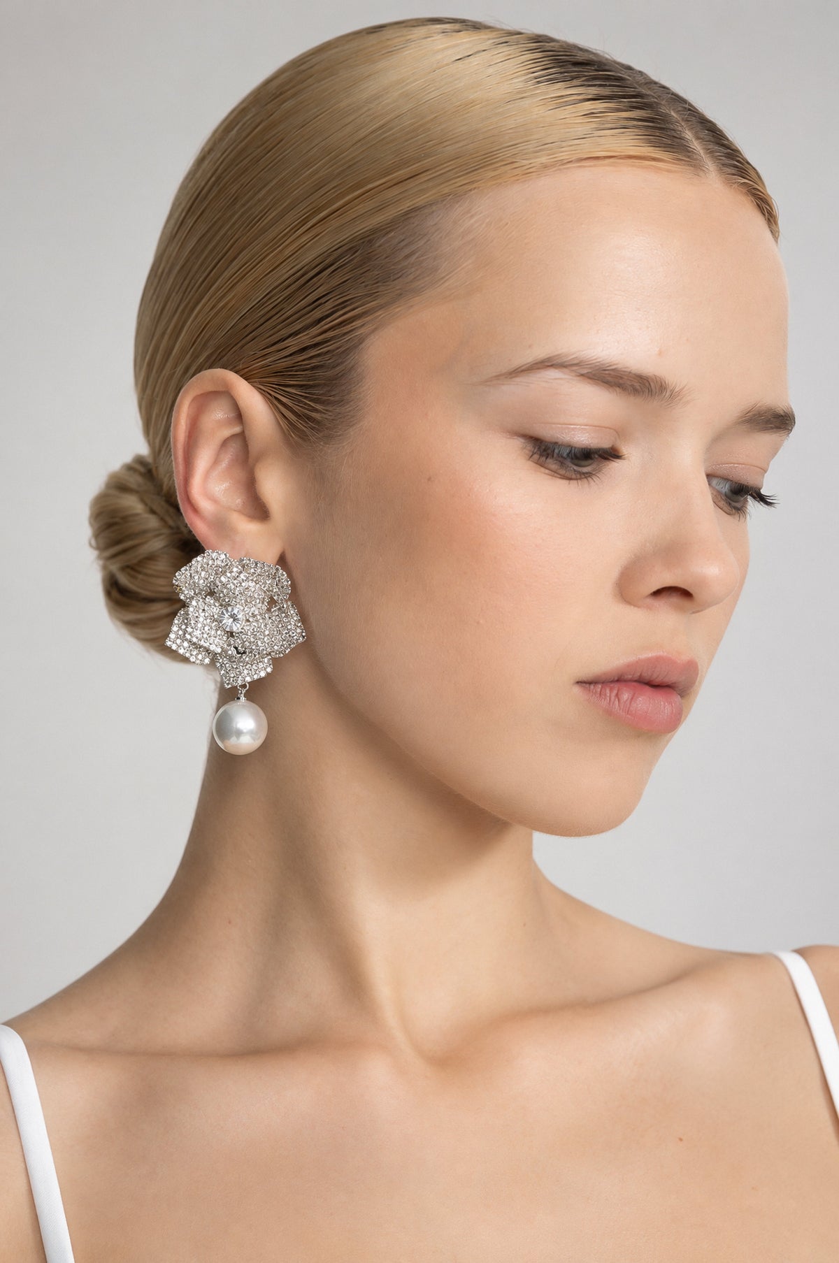 Maud Silver Crystal Camellia Pearl Drop Earrings