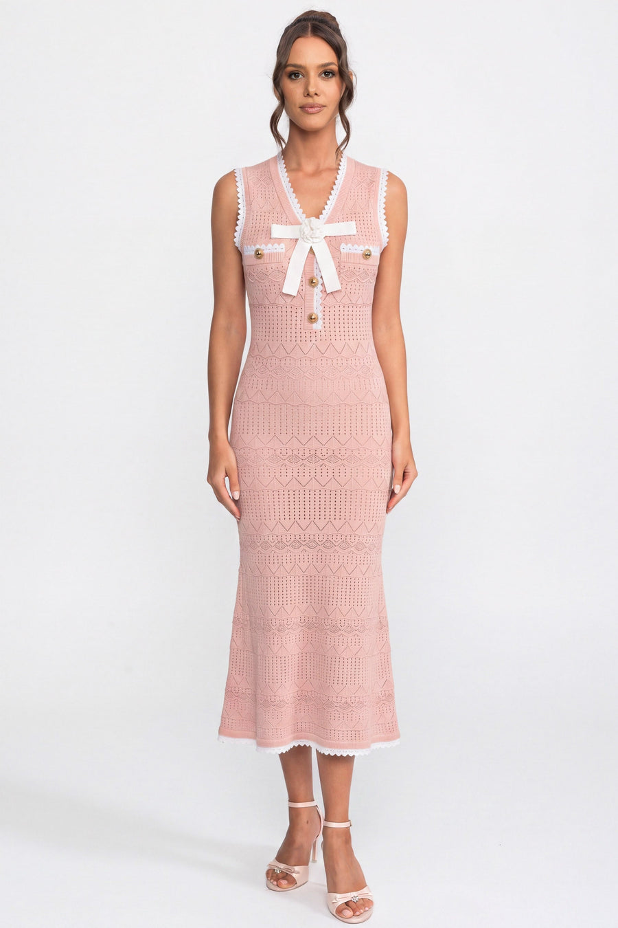 Crochet Knit Midi Dress With Black Trim And Bow - Pink