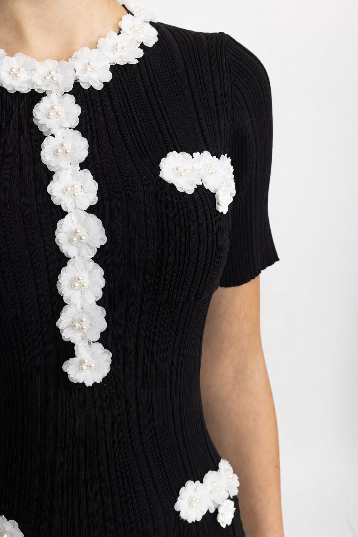 Florence Black Ribbed Knit Flower Appliqué Midi Dress