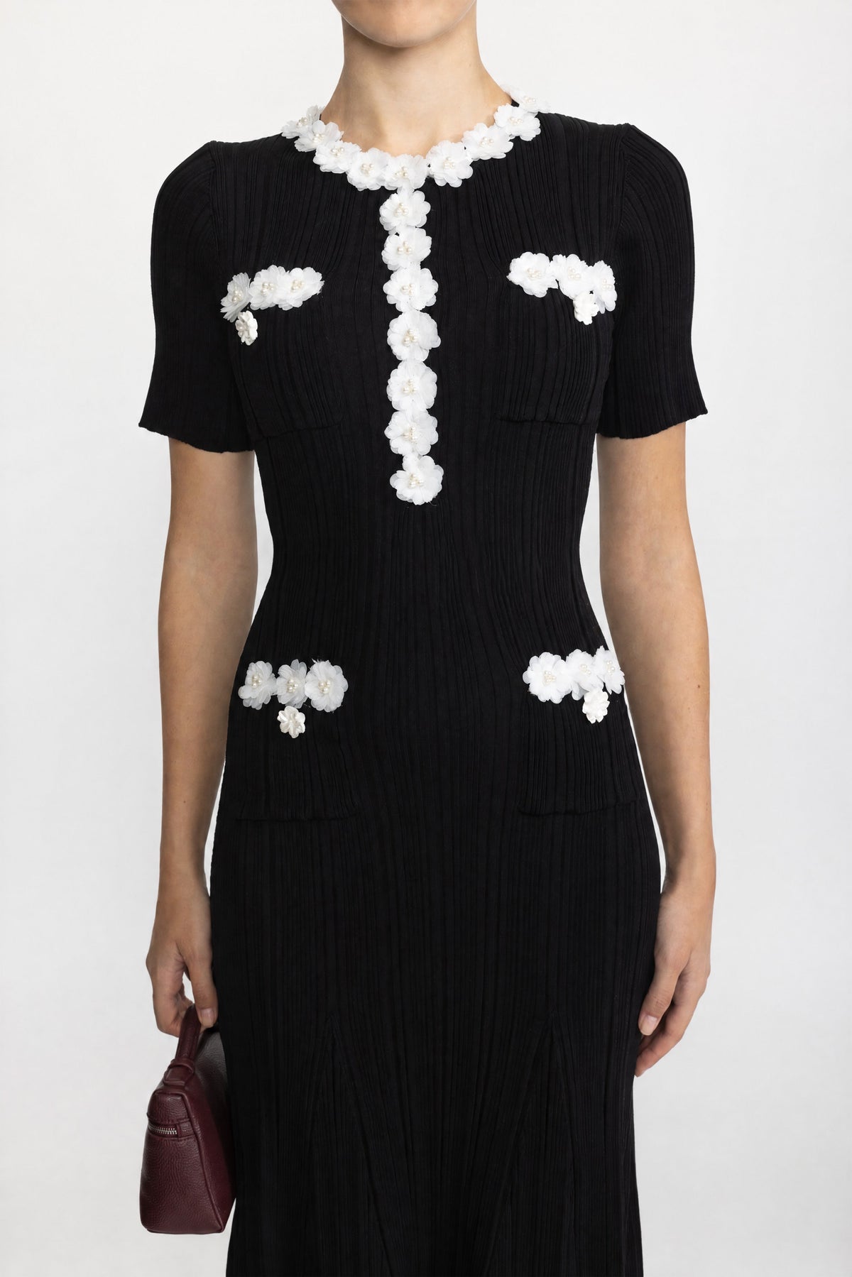 Florence Black Ribbed Knit Flower Appliqué Midi Dress