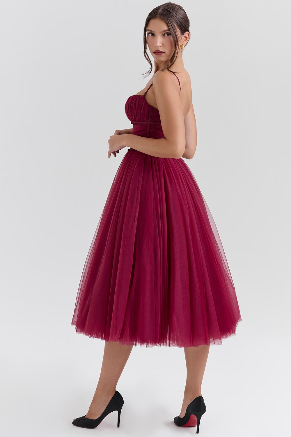 Countess Black Tulle Ruched Bodice Midi Dress