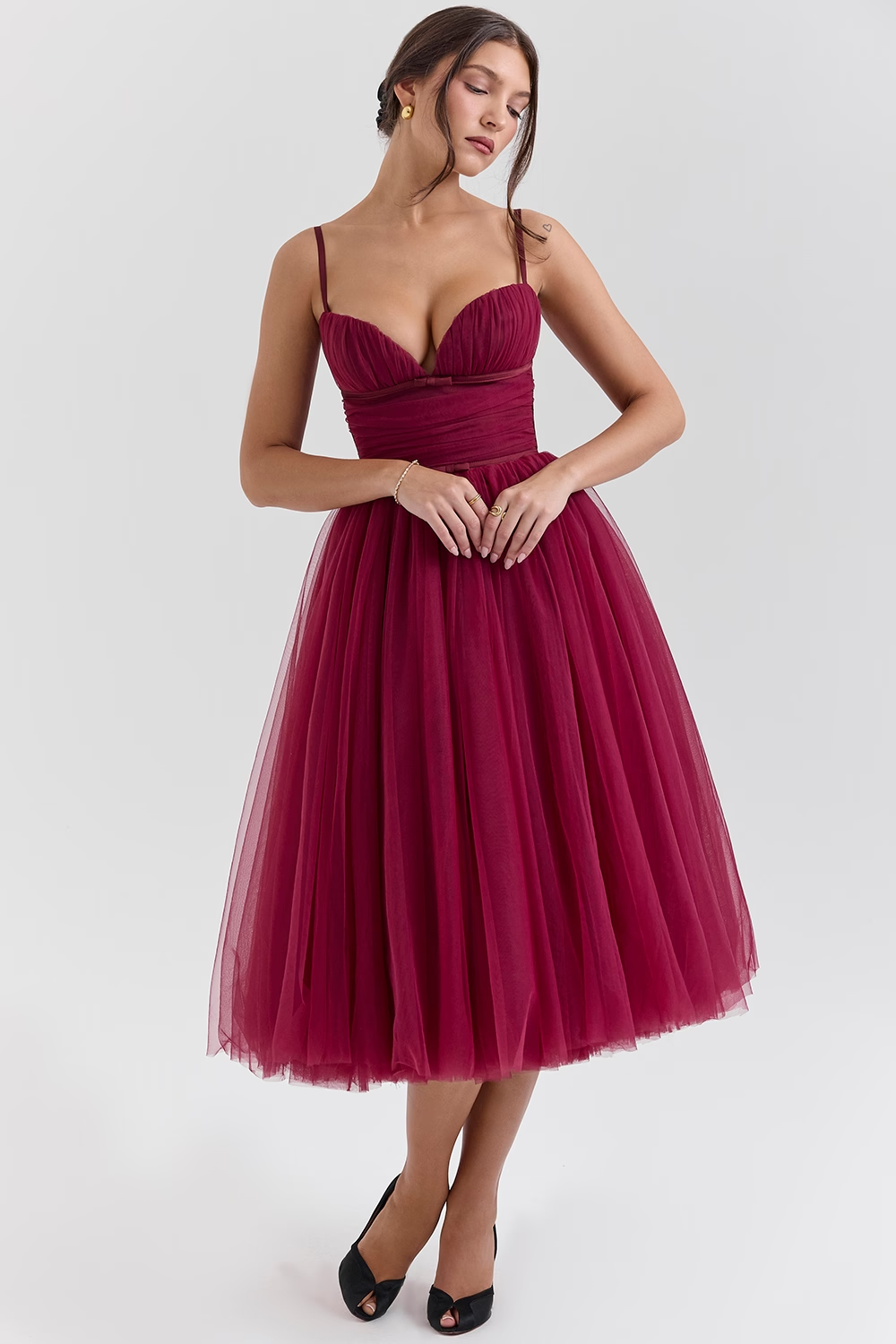 Countess Black Tulle Ruched Bodice Midi Dress