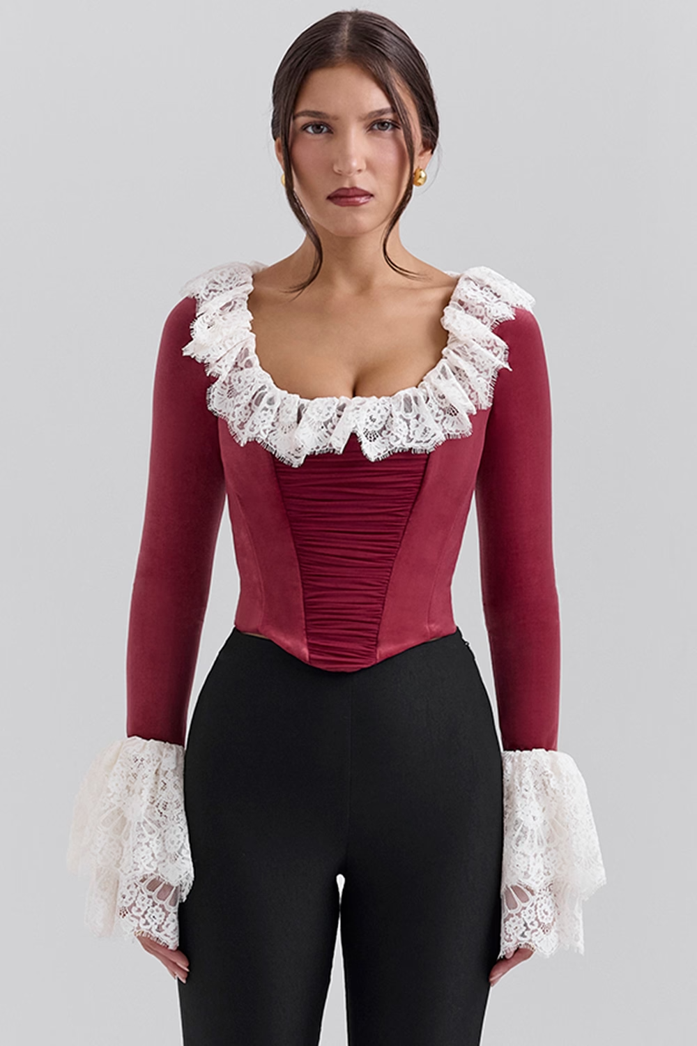 Jacinda Cabernet Velvet Lace Trimmed Corset Top