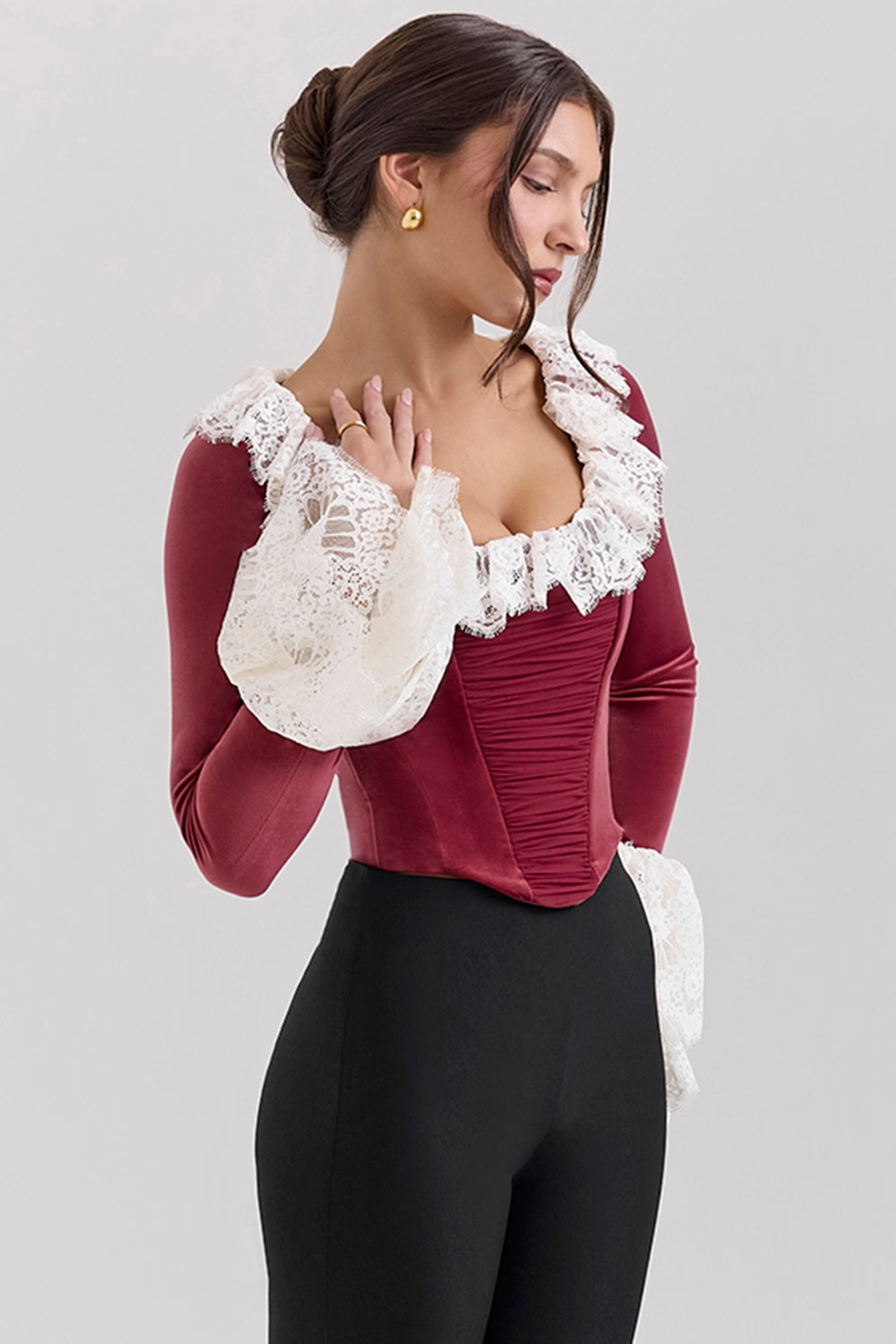 Jacinda Cabernet Velvet Lace Trimmed Corset Top