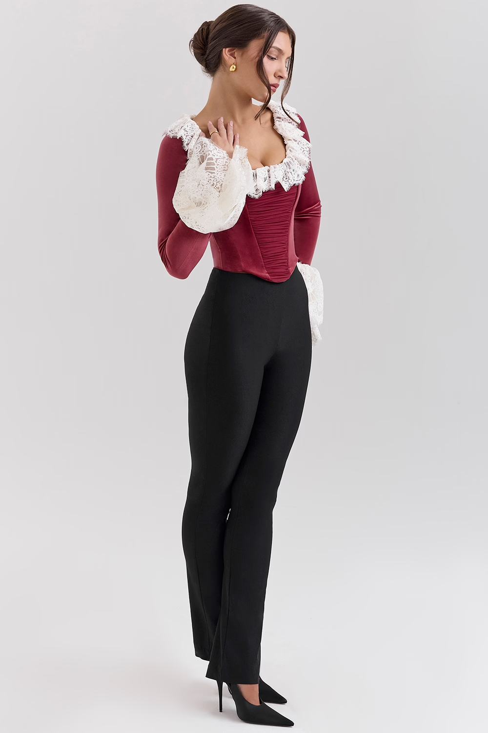Jacinda Cabernet Velvet Lace Trimmed Corset Top