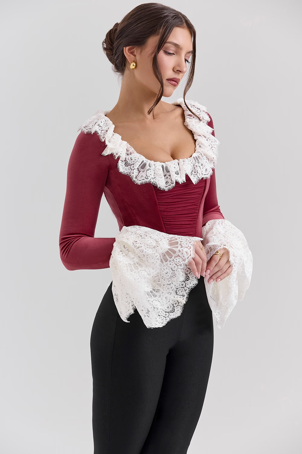 Jacinda Cabernet Velvet Lace Trimmed Corset Top