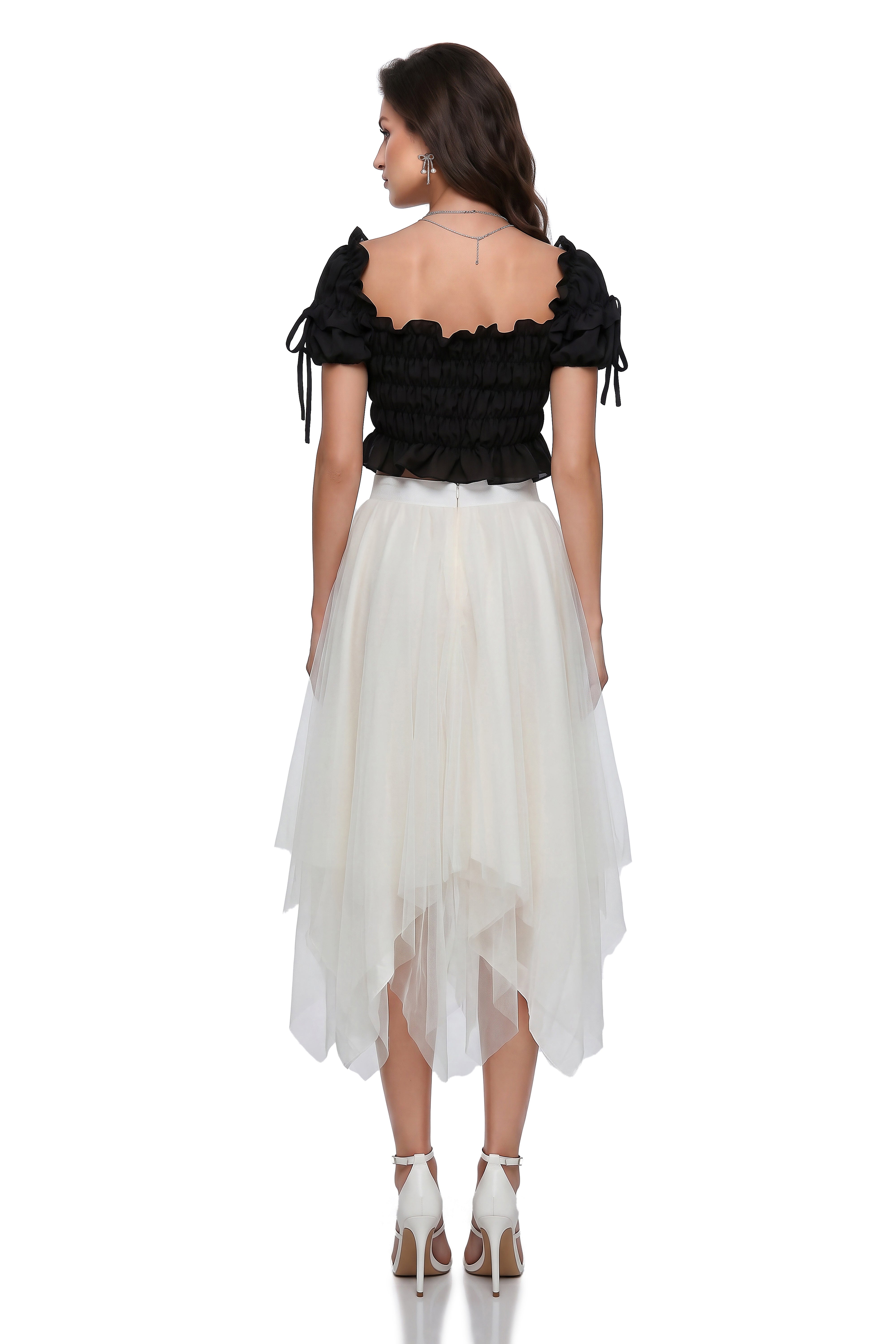 Danae White Asymmetrical Tiered Tulle Skirt
