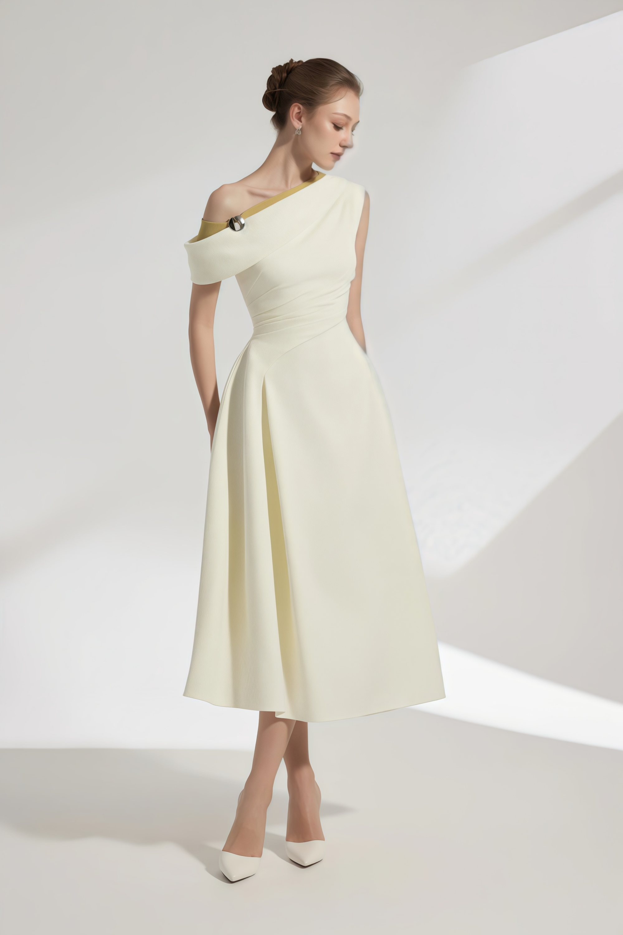 Blossom White One Shoulder Ruched Midi Dress