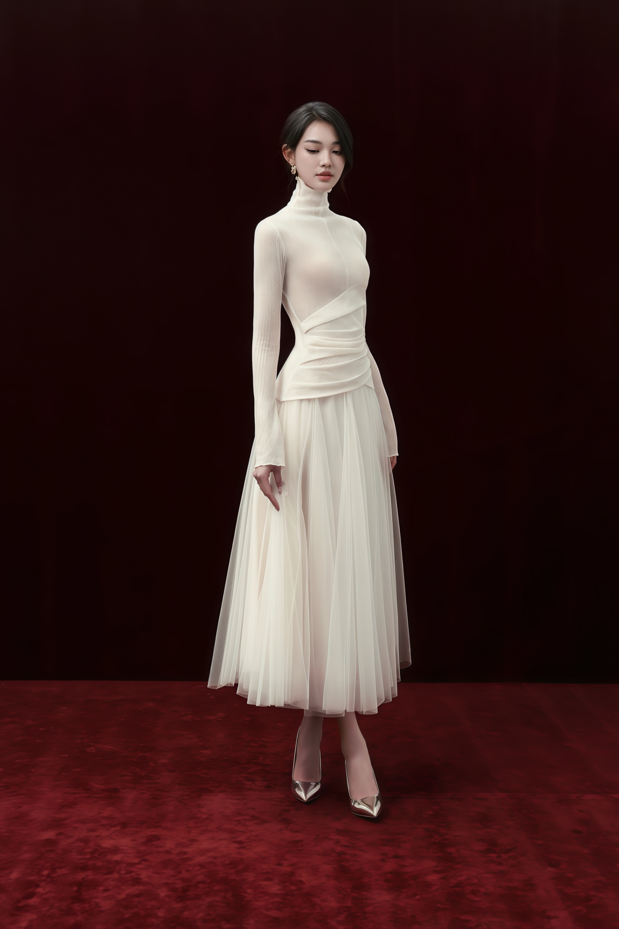 Lark White Tulle Panel Knit Maxi Dress