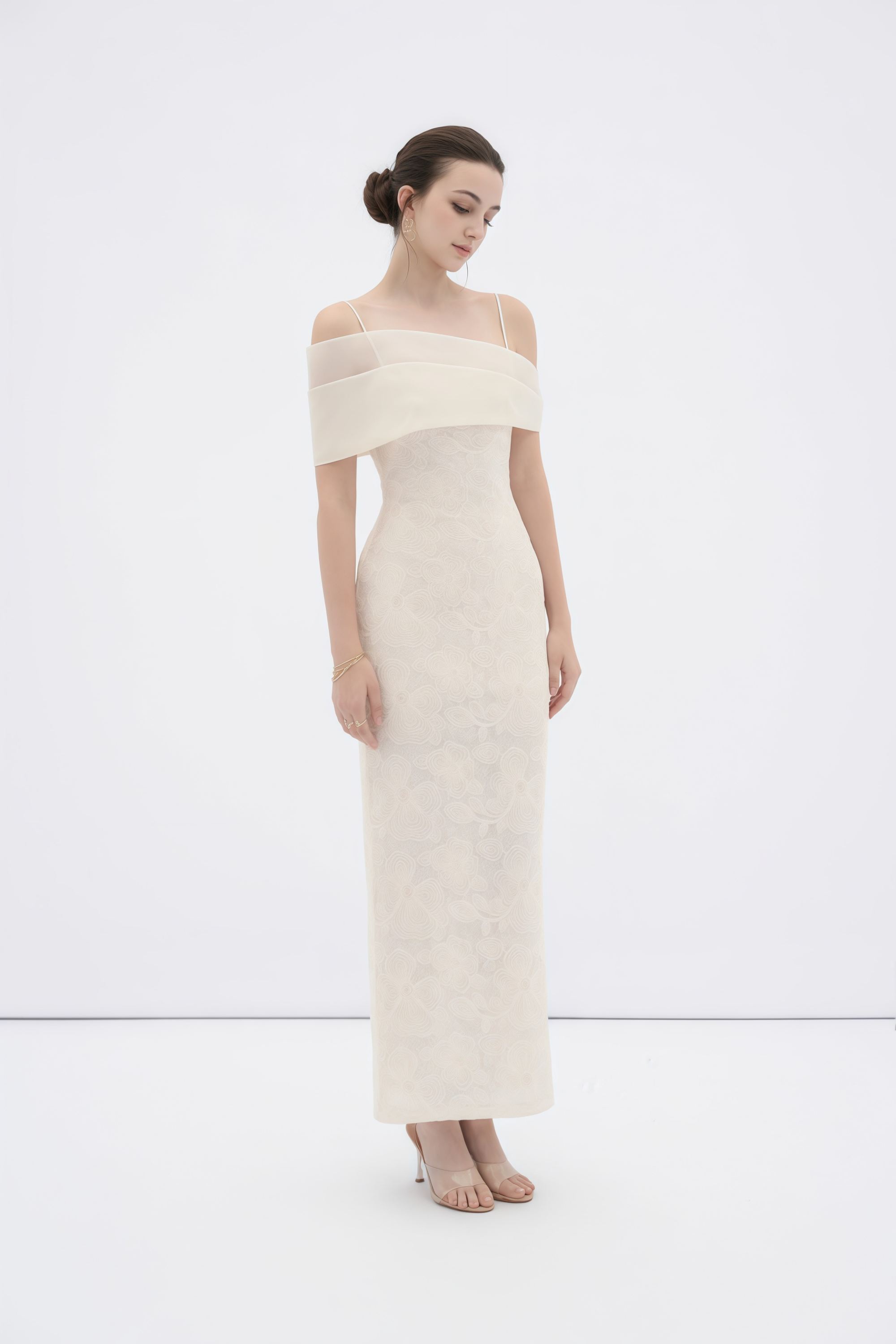 Ortensia Neutral Floral Lace Pencil Maxi Dress