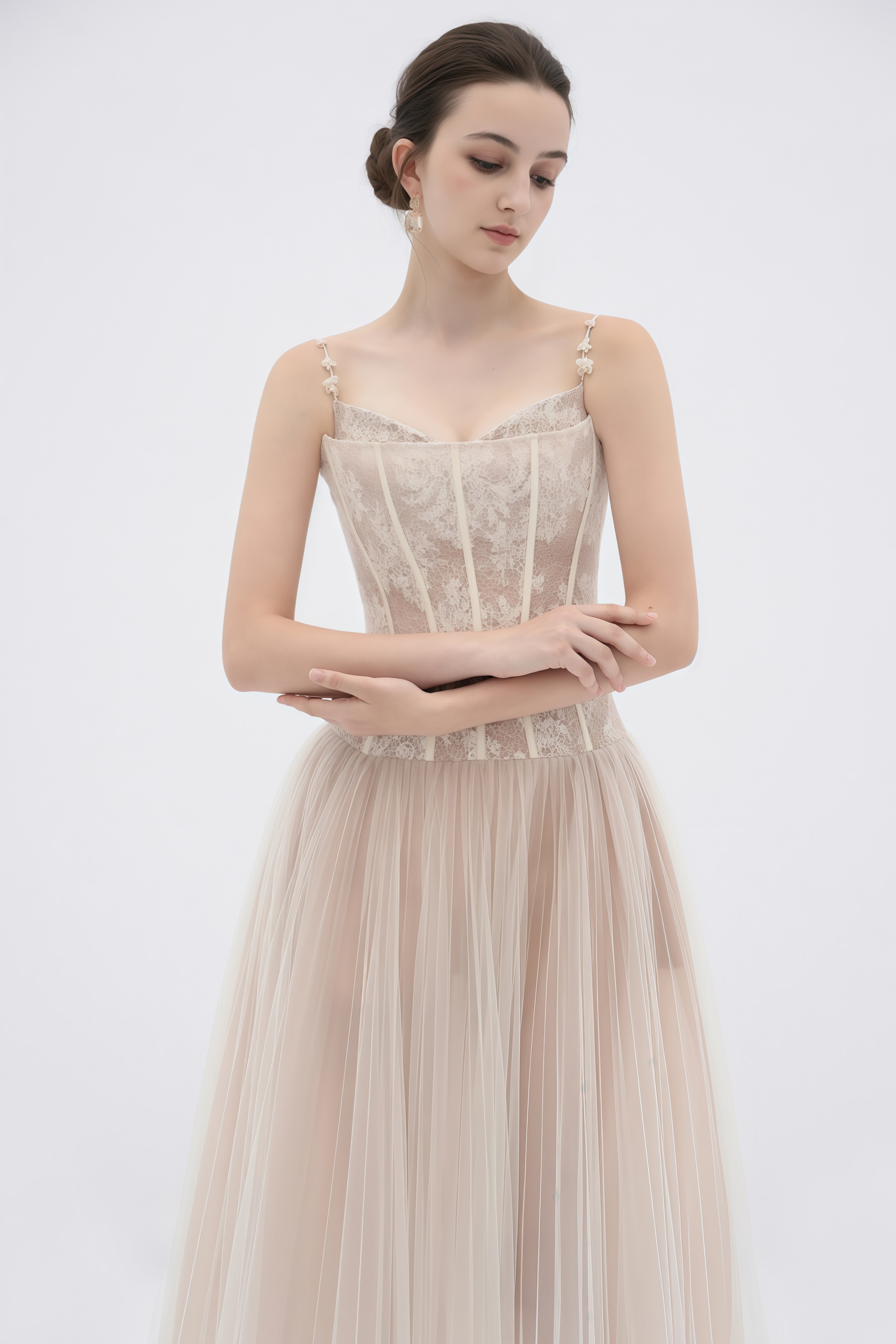 Mira Neutrals Lace Panel Tulle Maxi Dress