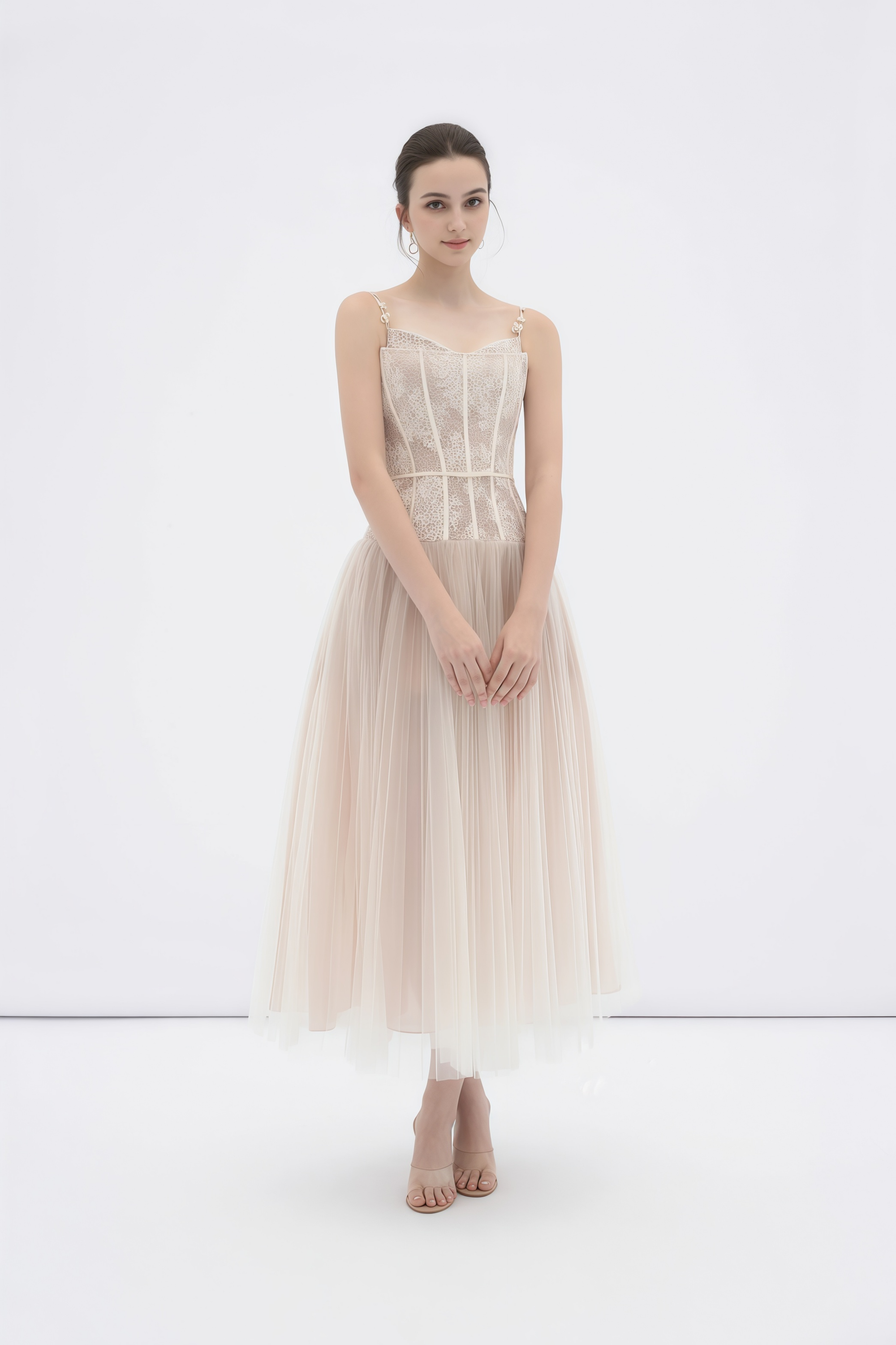 Mira Neutrals Lace Panel Tulle Maxi Dress