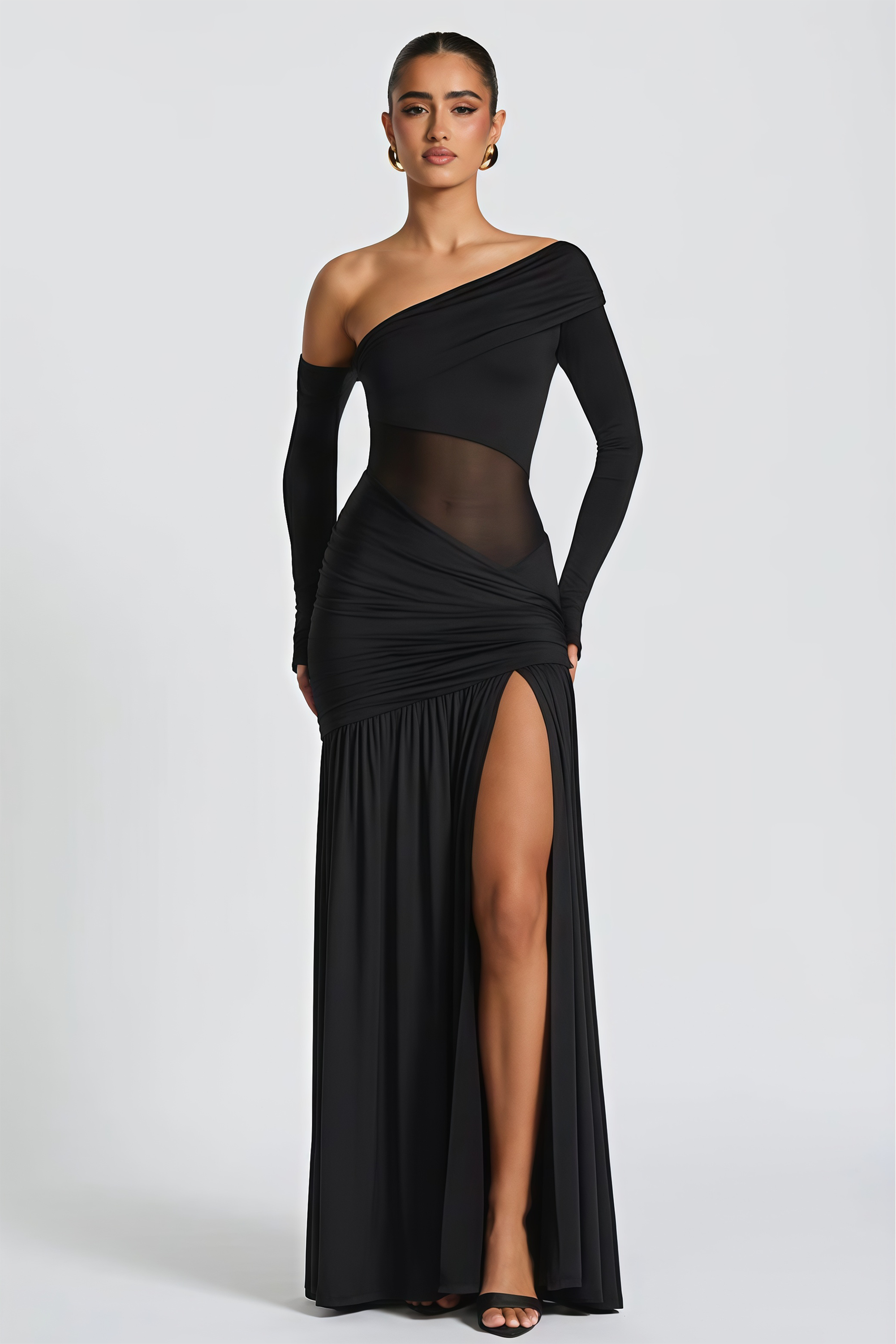 Anastasia Black One Shoulder Gathered Maxi Dress (Final Sale)