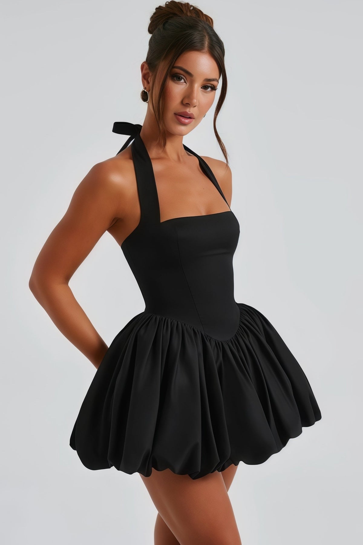 Anaelle Black Shirred Puffball Mini Dress