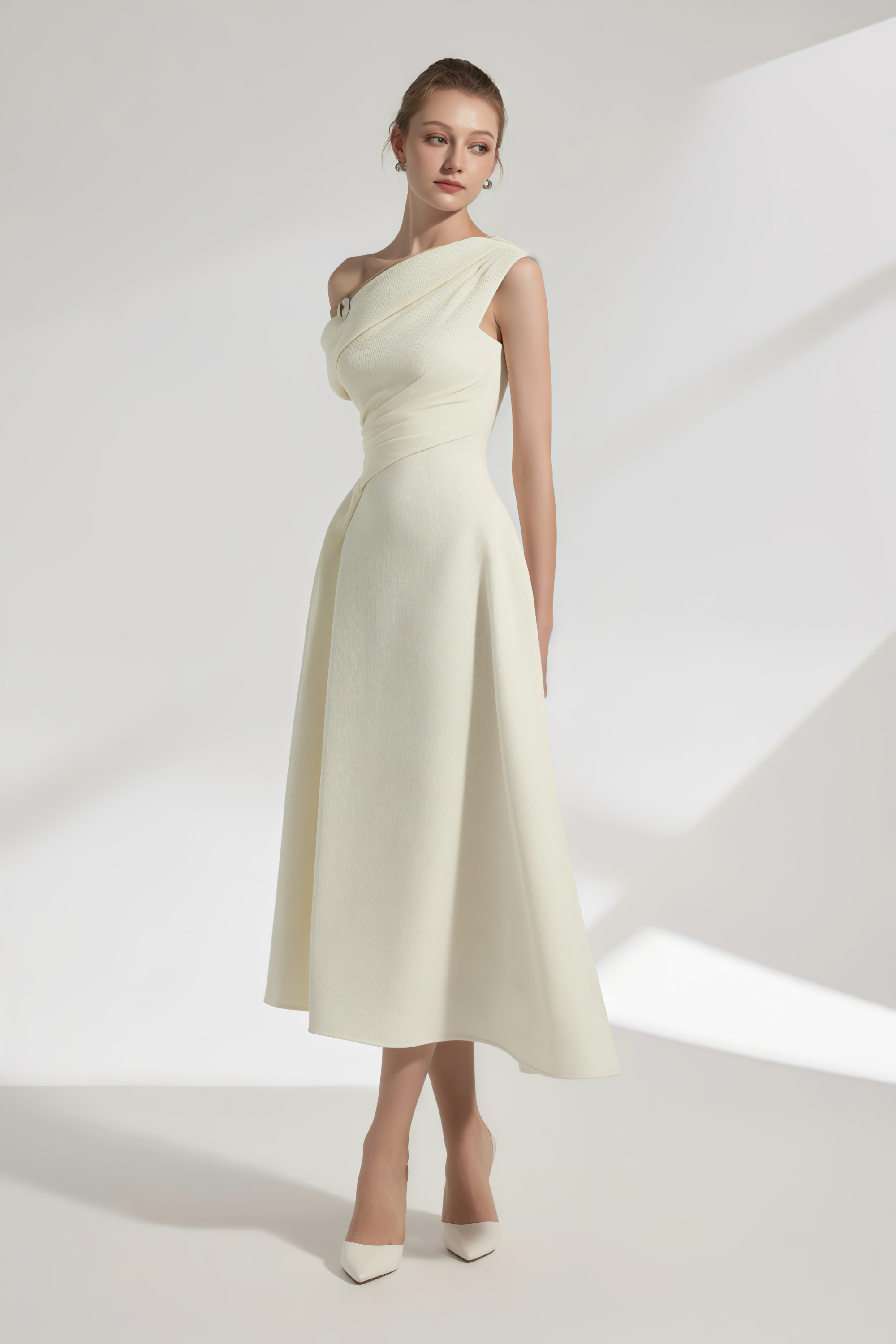 Blossom White One Shoulder Ruched Midi Dress
