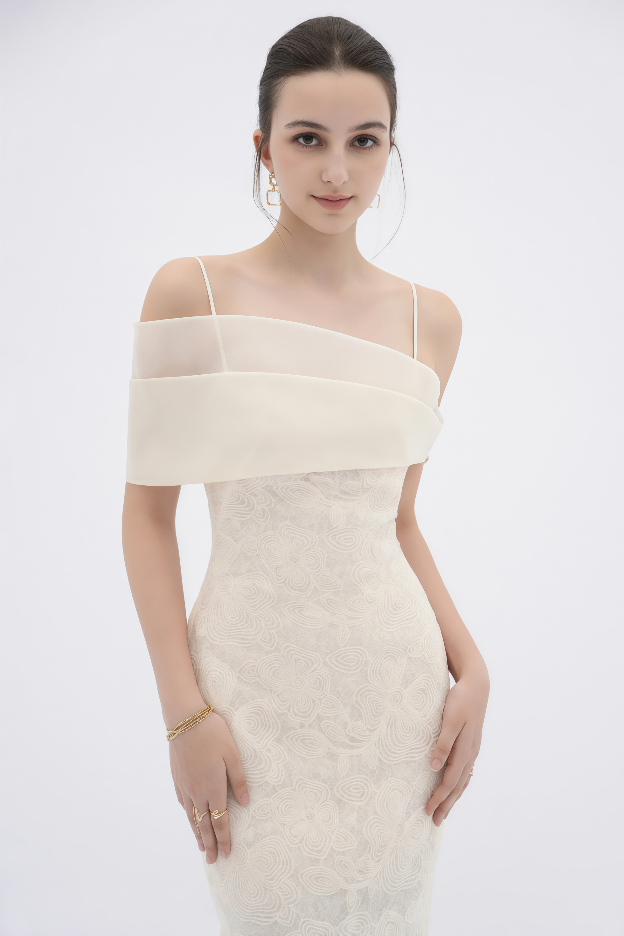 Ortensia Neutral Floral Lace Pencil Maxi Dress