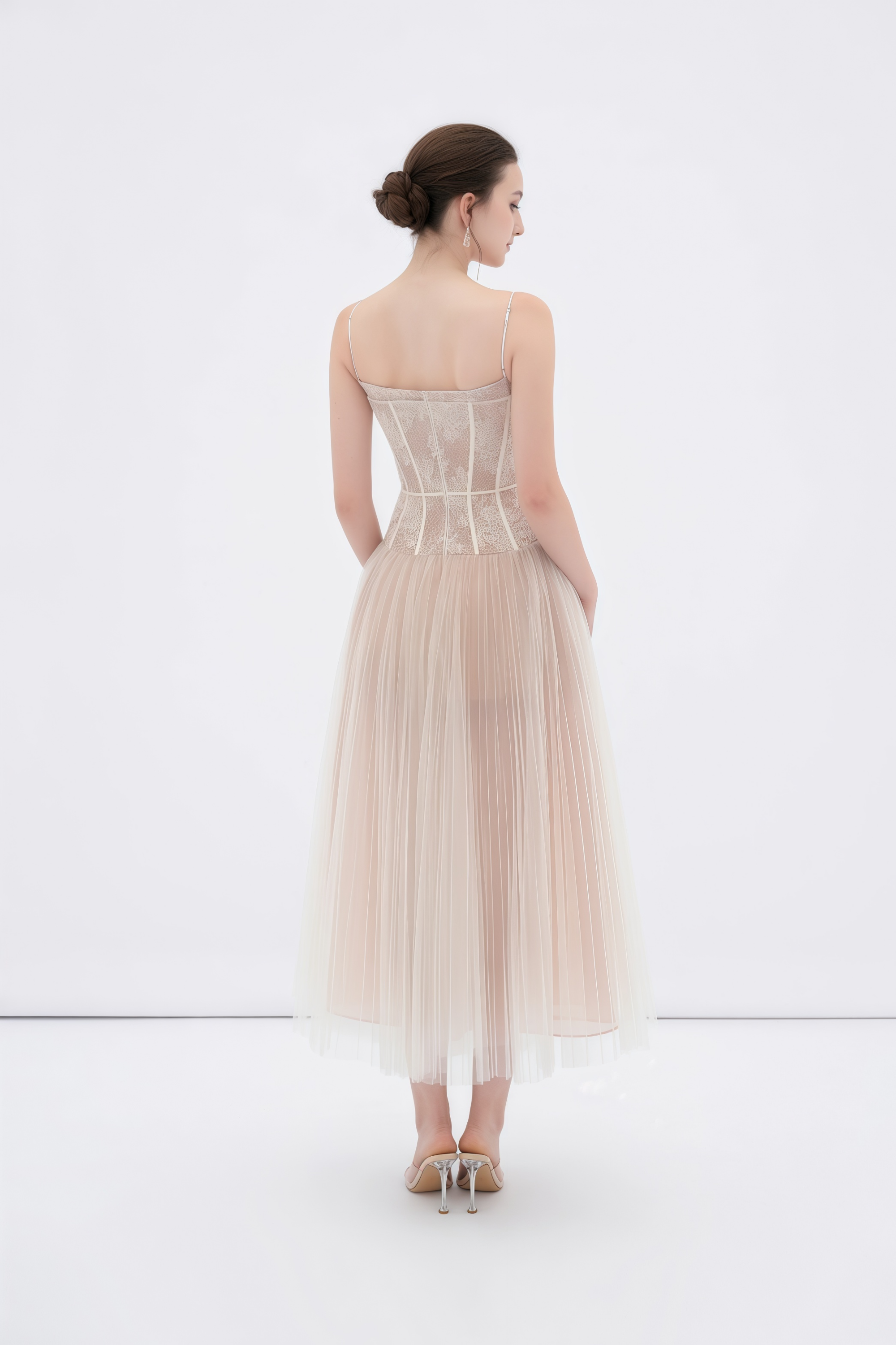 Mira Neutrals Lace Panel Tulle Maxi Dress