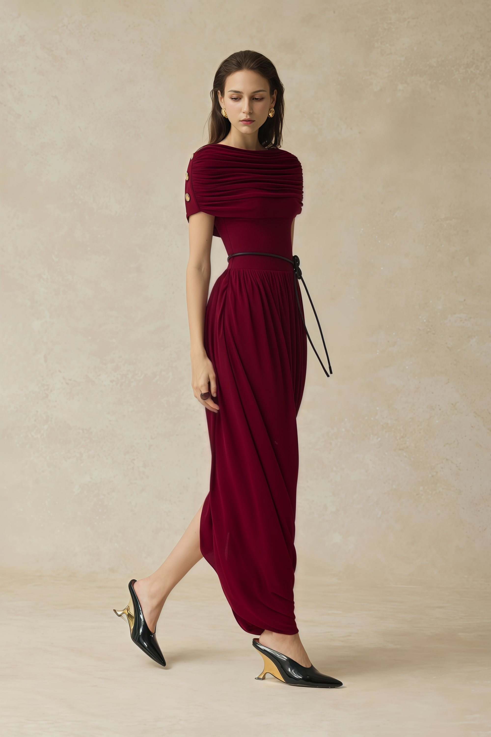 Gianna Burgundy Shawl Design Draped Maxi Dress (Final Sale-US Only)