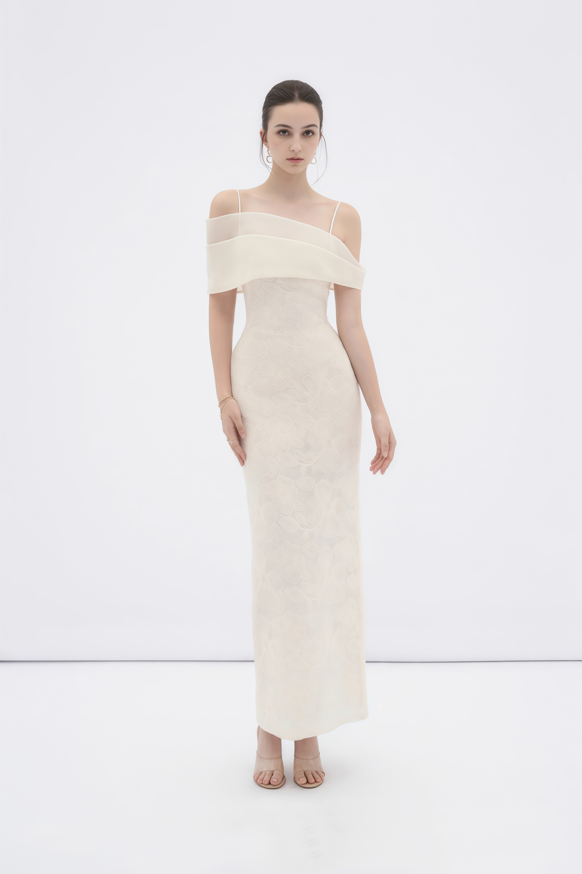 Ortensia Neutral Floral Lace Pencil Maxi Dress