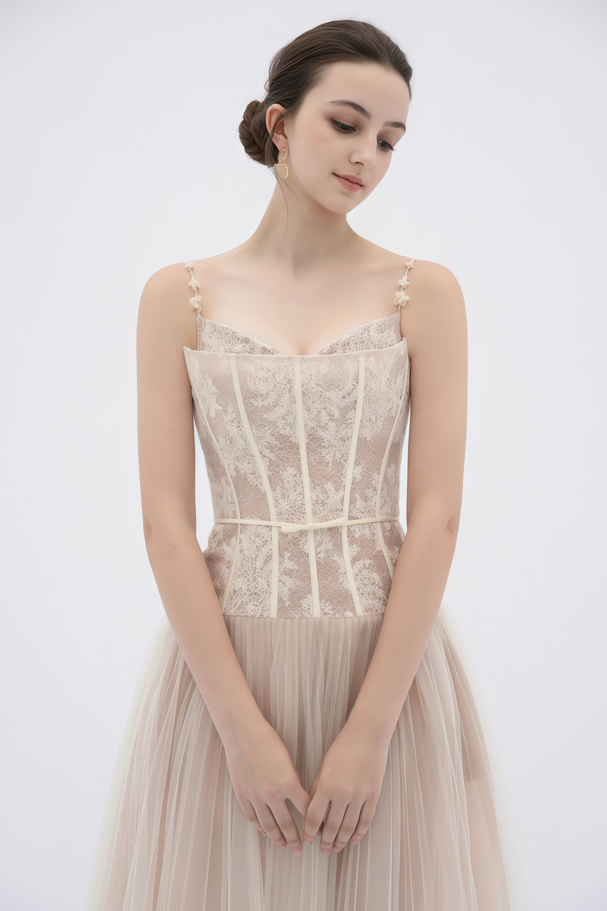 Mira Neutrals Lace Panel Tulle Maxi Dress