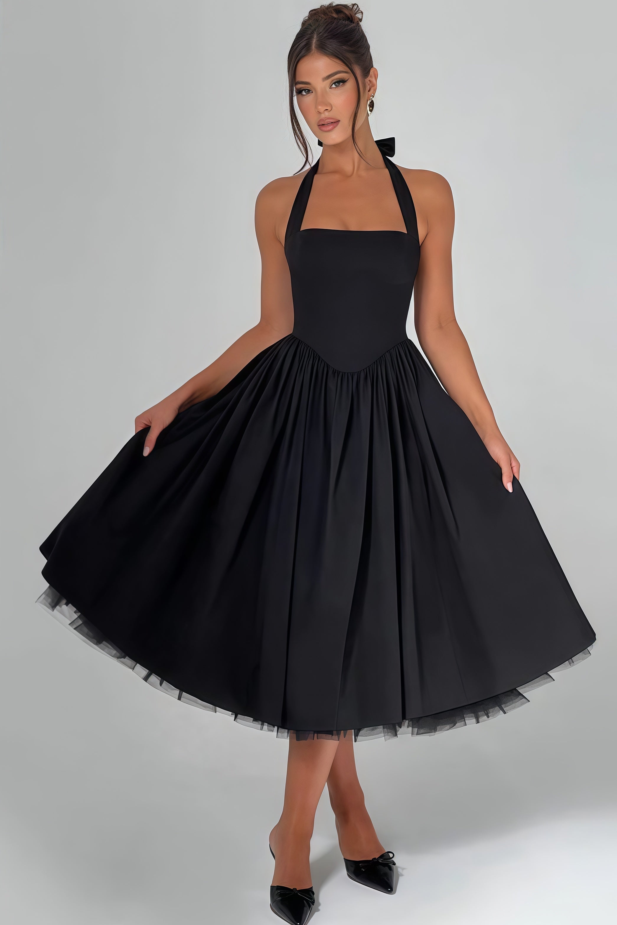 Eponine Black Layered Flared Hem Midi Dress