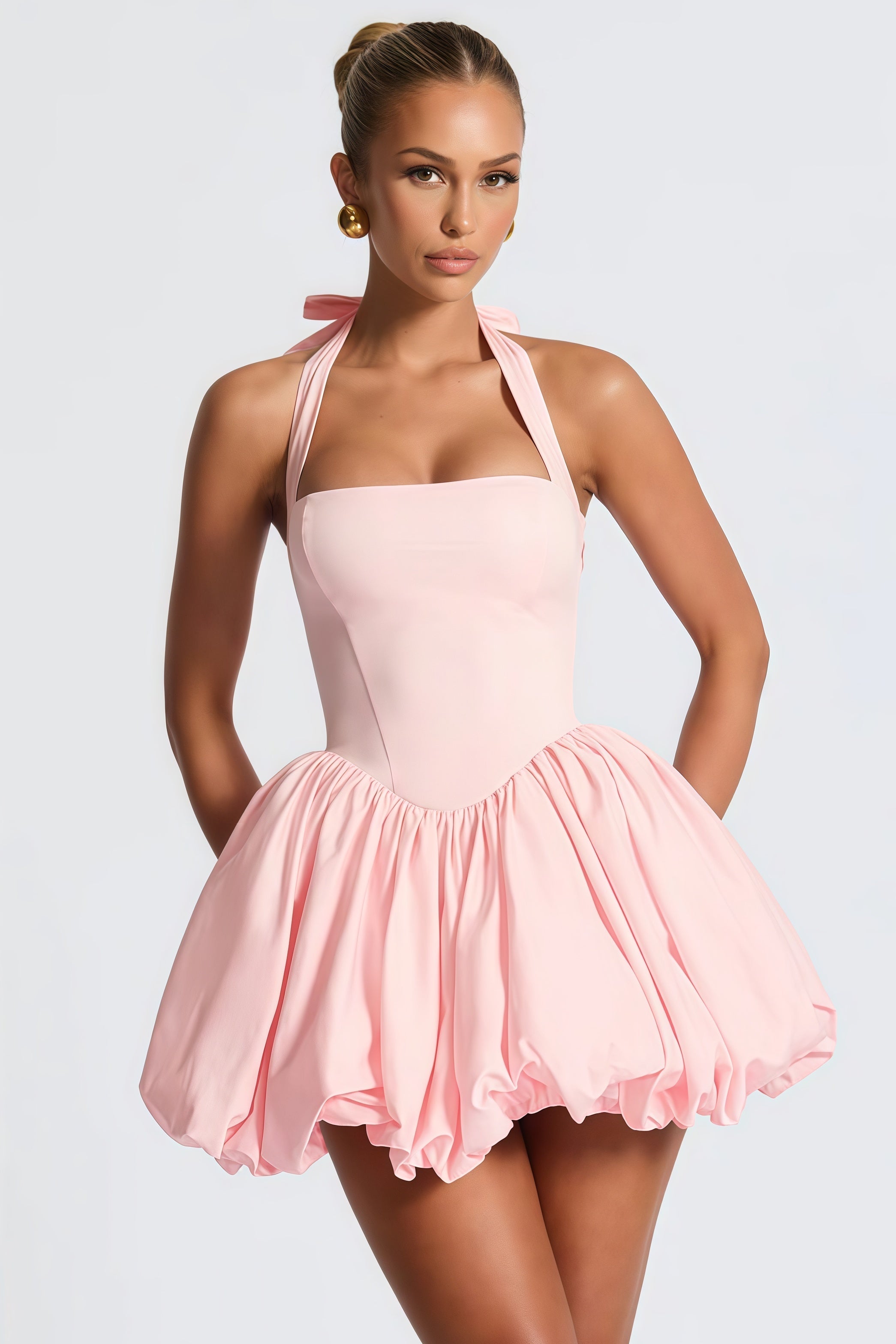Anaelle Pink Shirred Puffball Mini Dress