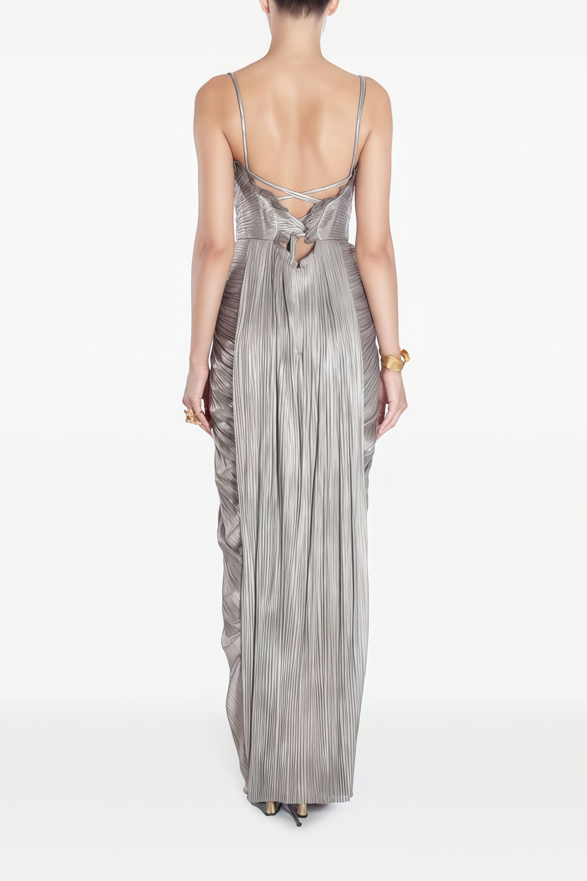Nicoletta Silver Glossy Pleated Corset Maxi Dress (Final Sale-US Only)