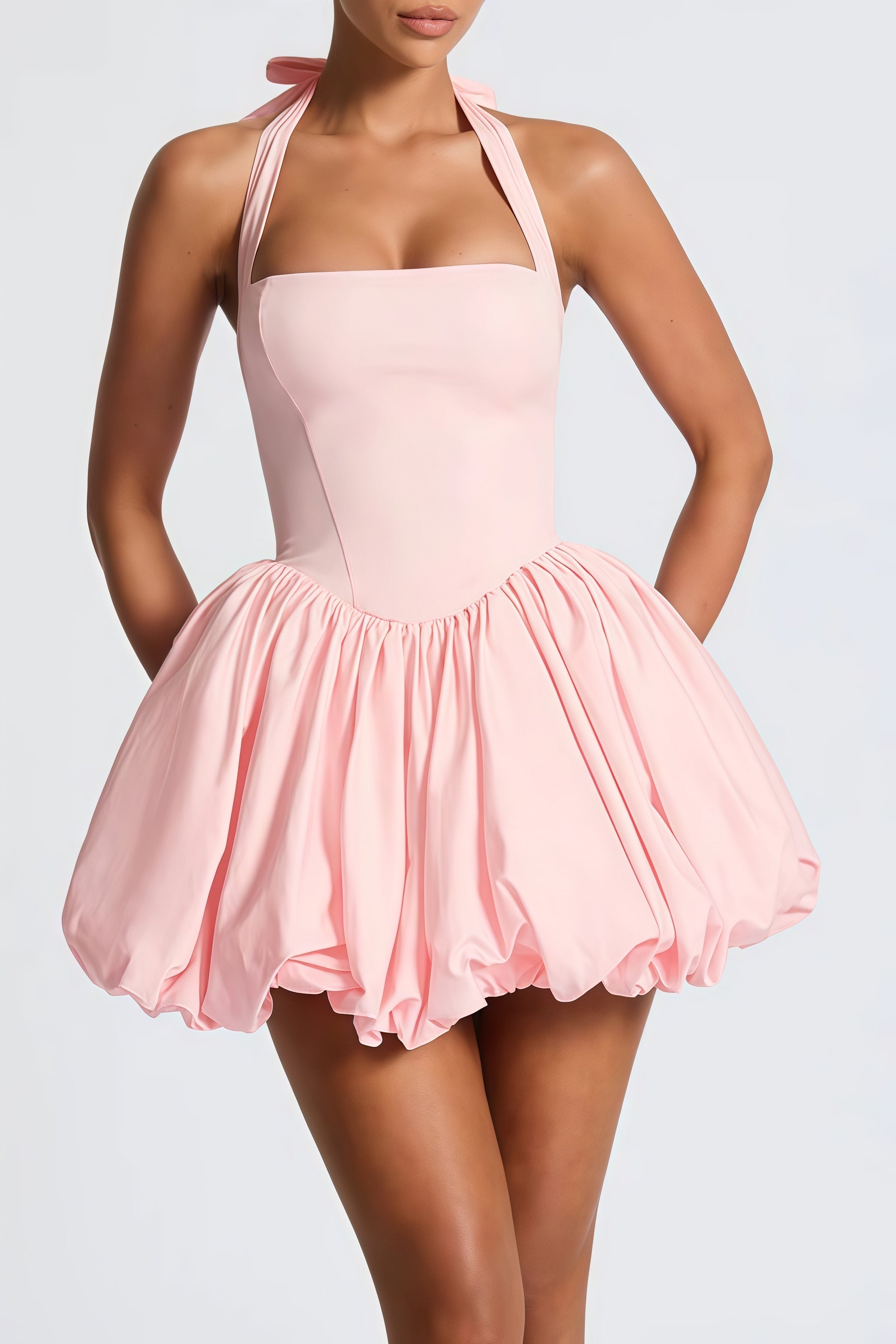 Anaelle Pink Shirred Puffball Mini Dress