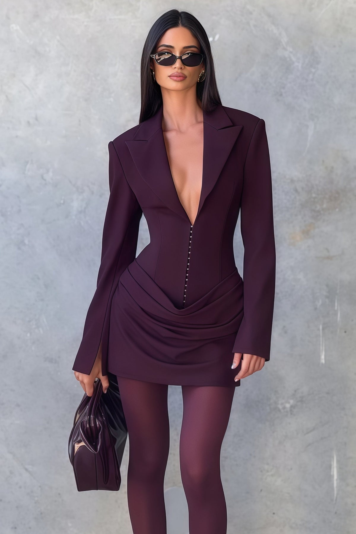 Rosette Wine Red Ruched Blazer Mini Dress