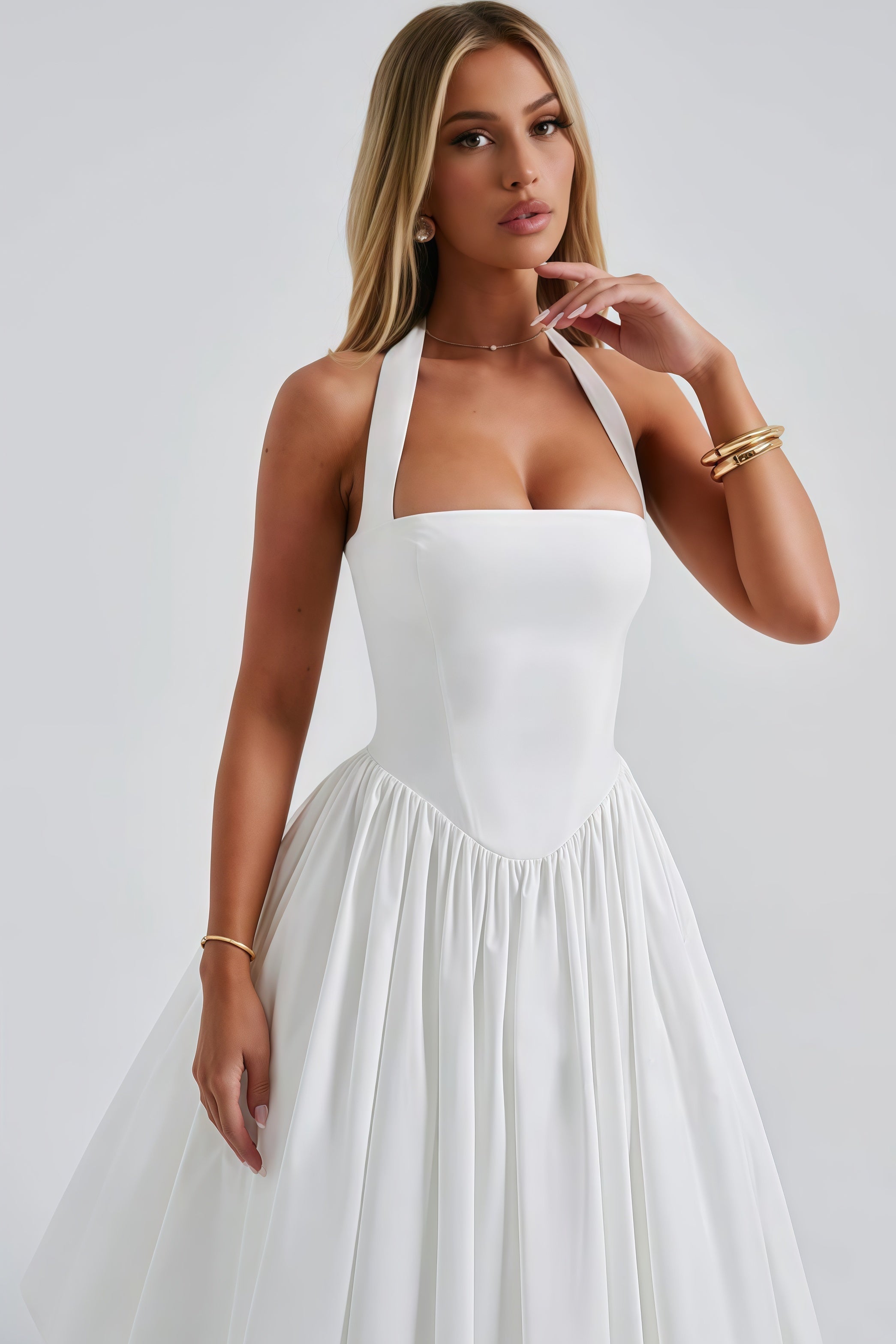 Eponine White Layered Flared Hem Midi Dress