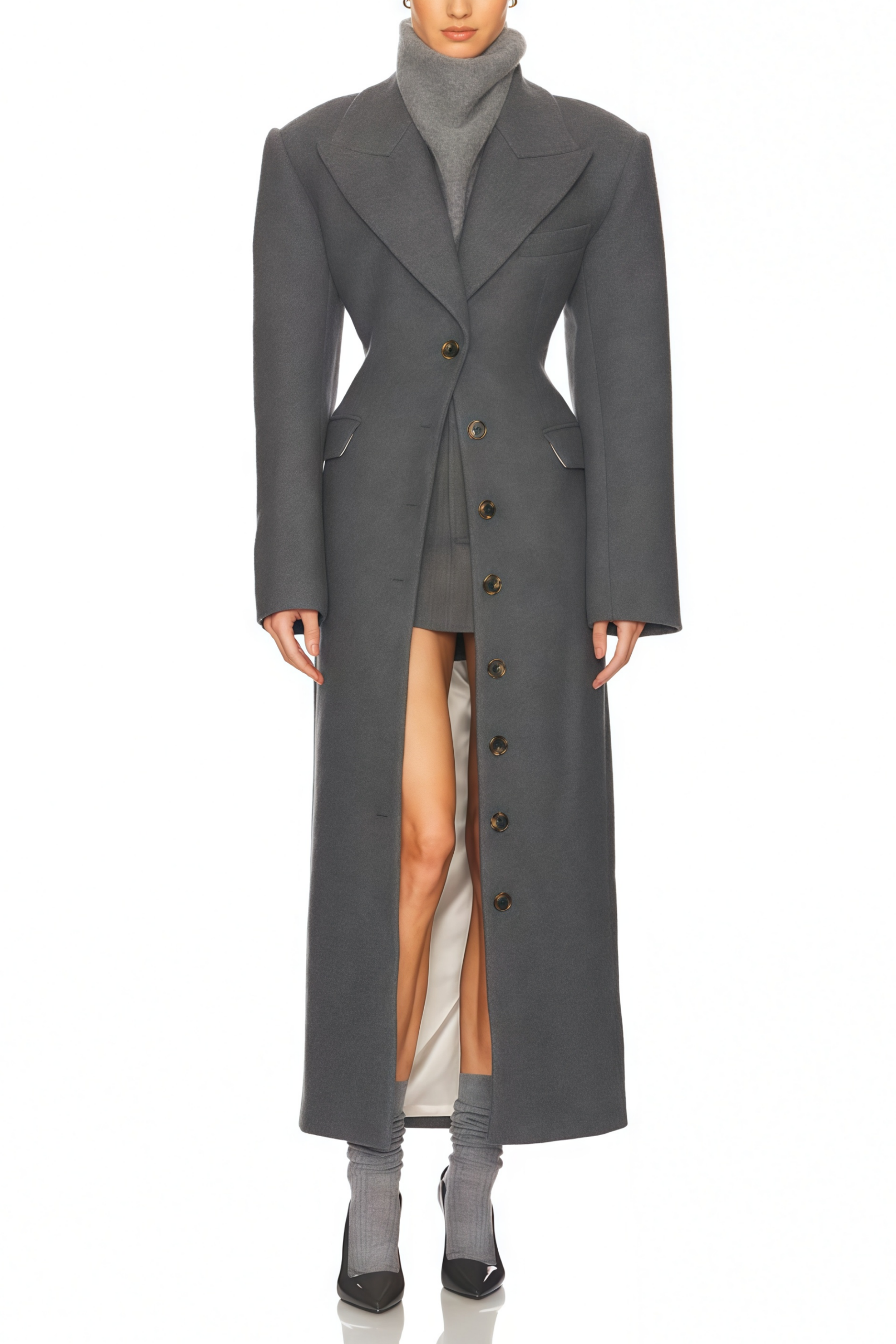Leire Grey Single-Breasted Tweed Overcoat