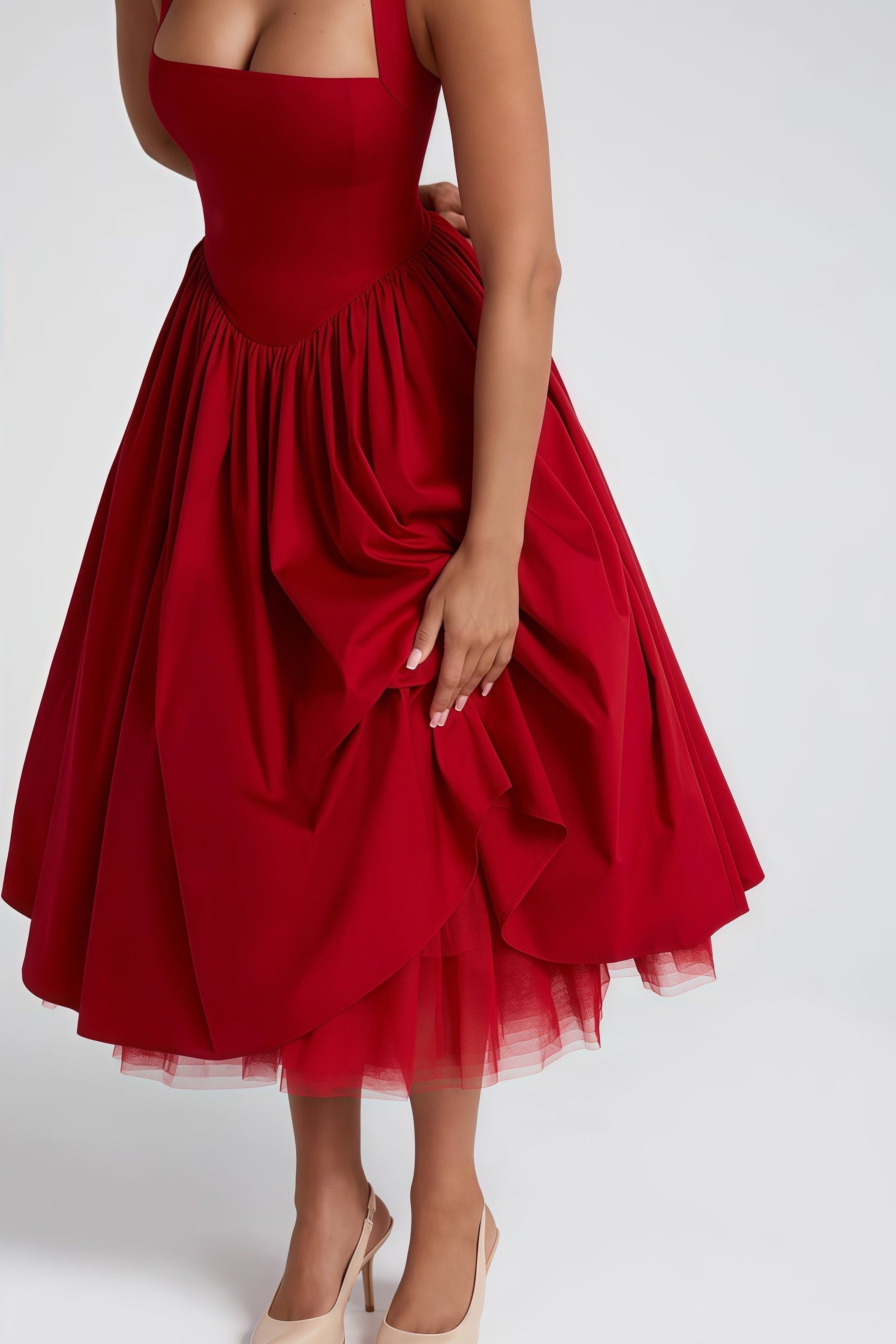 Eponine Red Layered Flared Hem Midi Dress