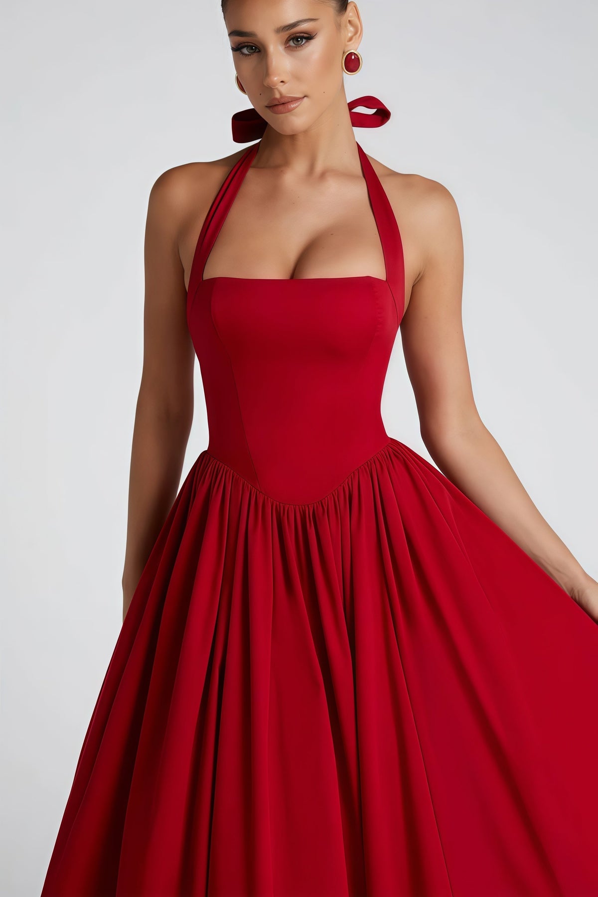 Eponine Red Layered Flared Hem Midi Dress