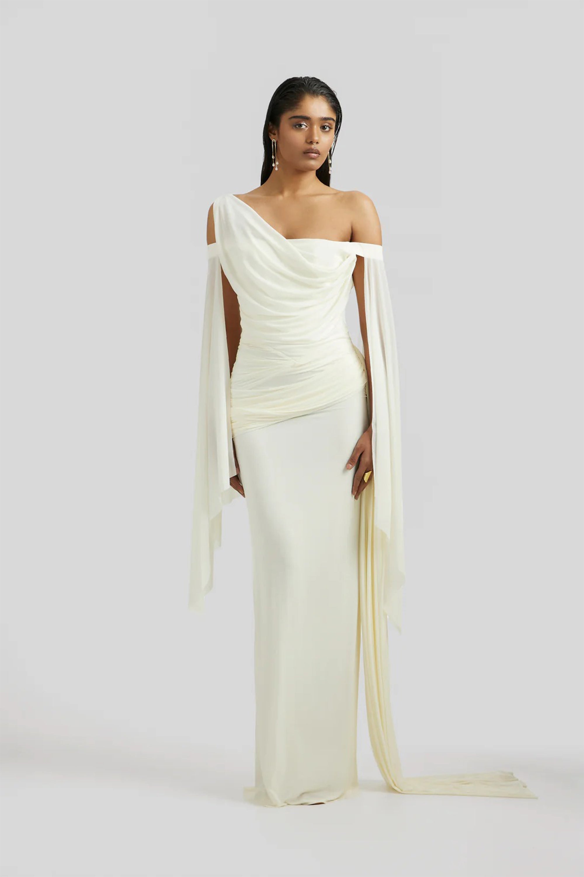 Aurianne White Asymmetrical Draped Maxi Dress