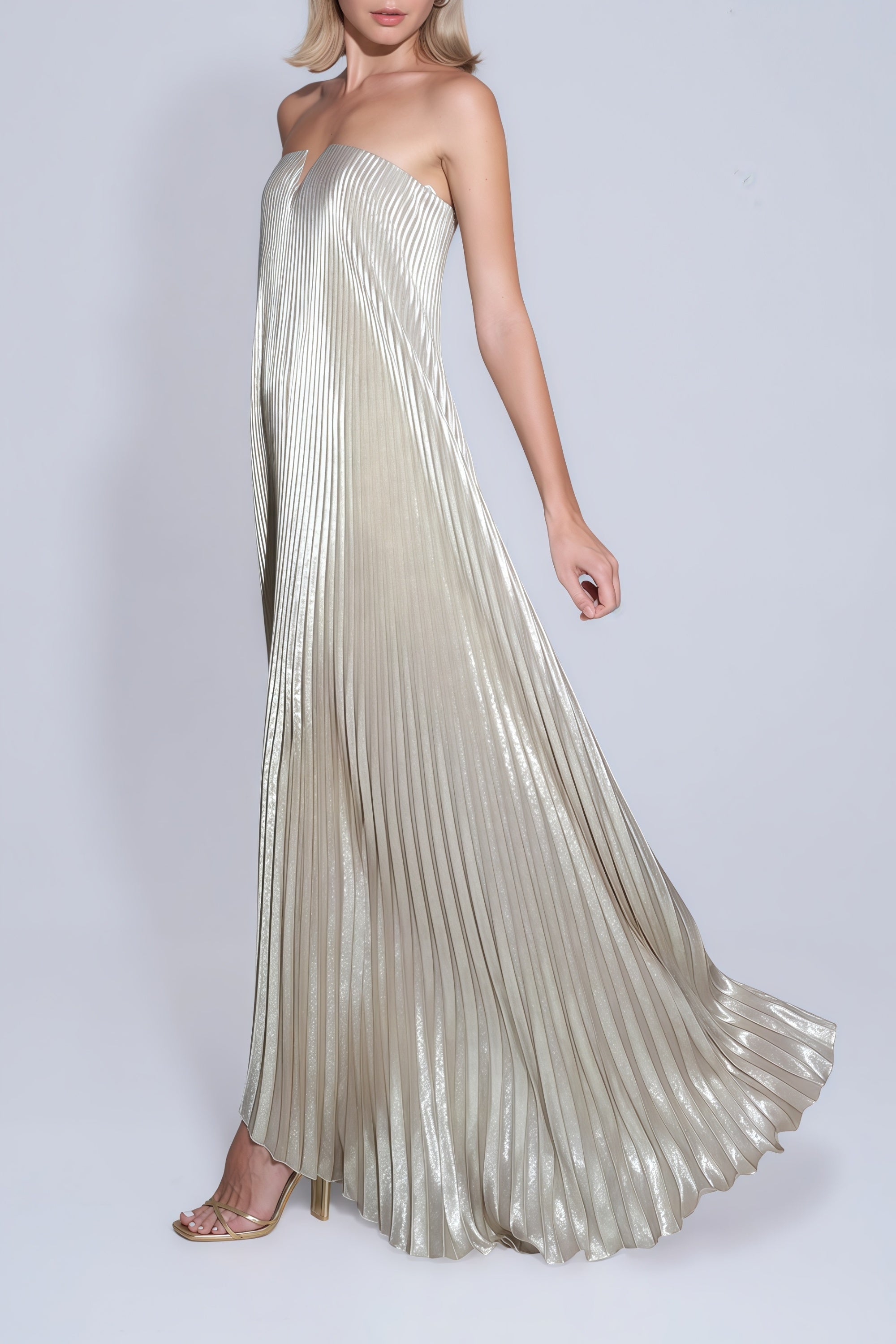 Satiné Gold Fully-pleated Maxi Dress