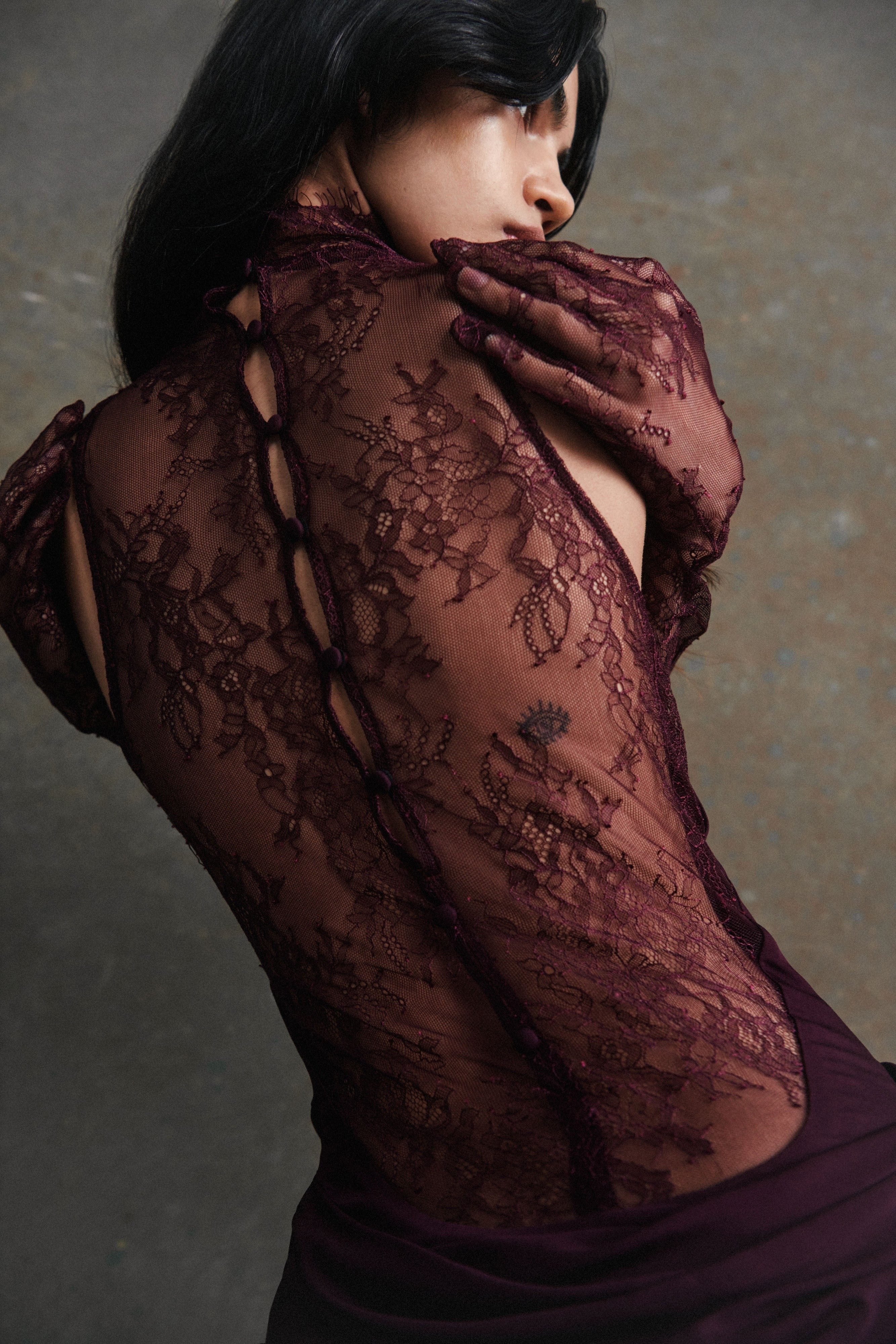 Borbála Magenta Lace Bodice Ruched Maxi Dress